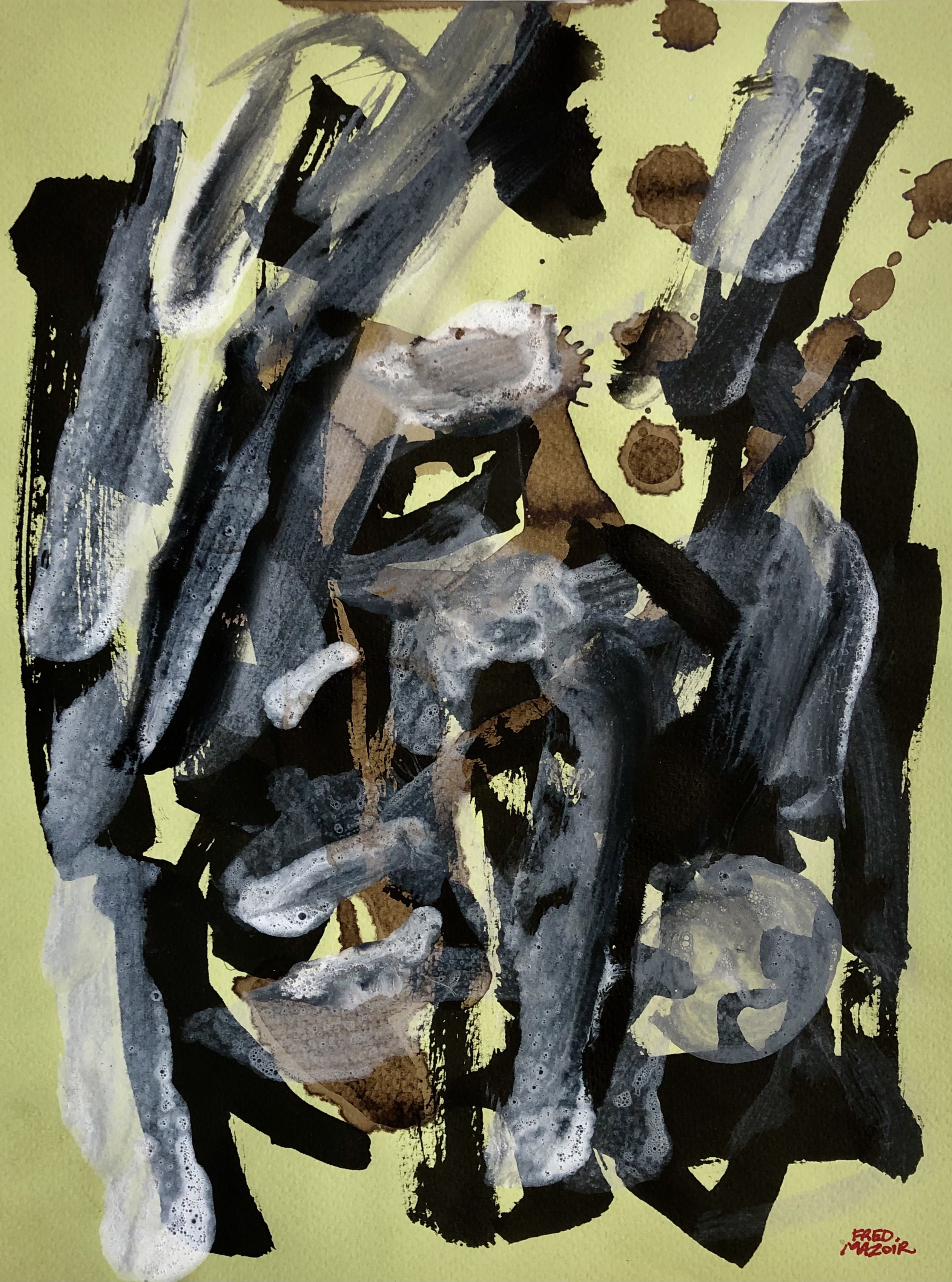 A painting of a black and white abstract painting on a yellow background.