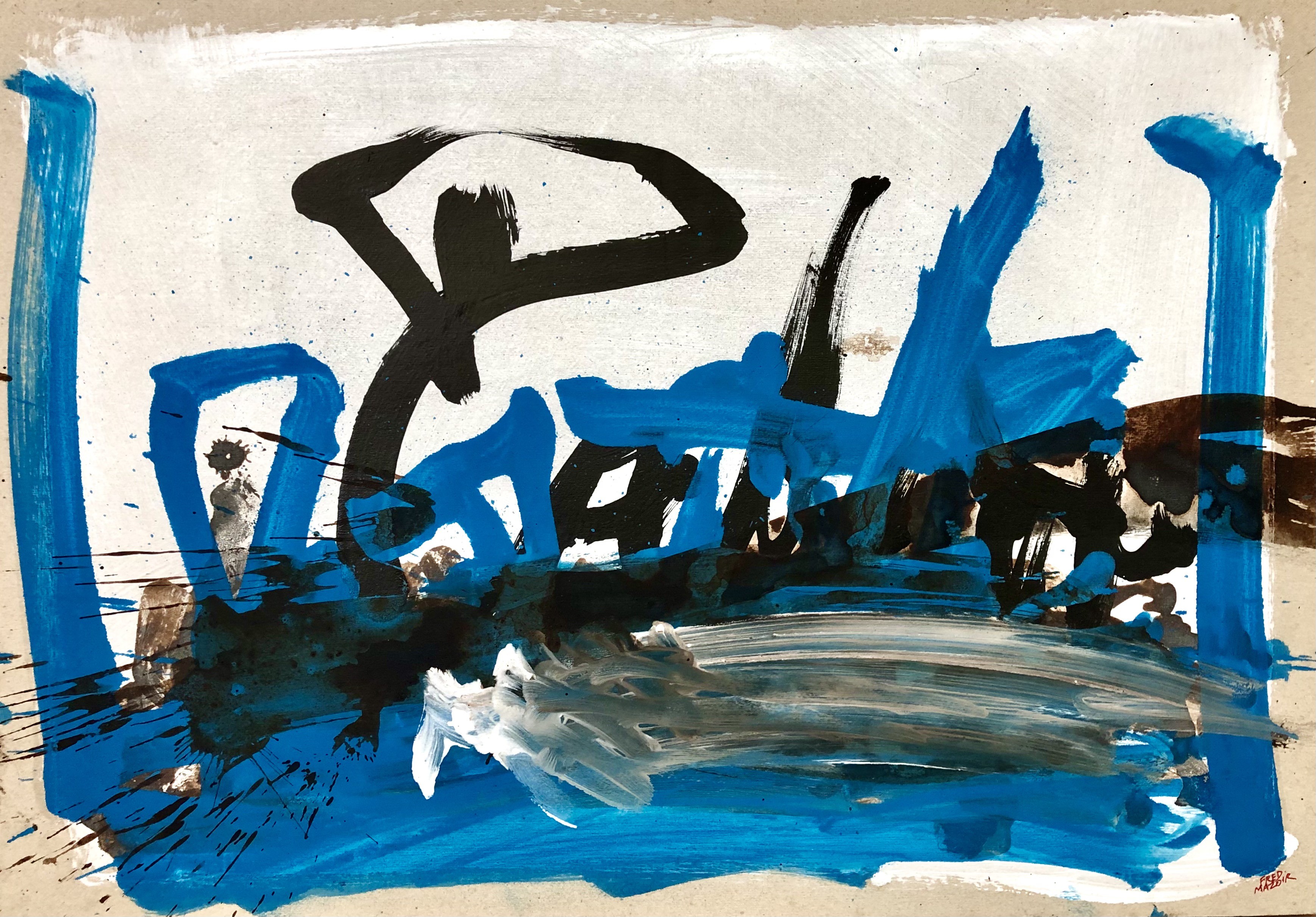 A painting with blue and black paint on a white background.