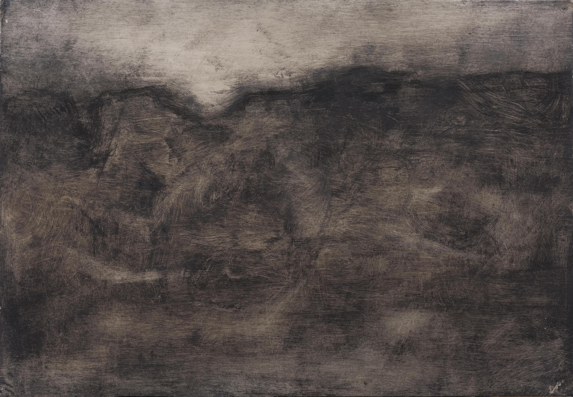 A dark, textured landscape painting rendered in monochromatic earth tones.