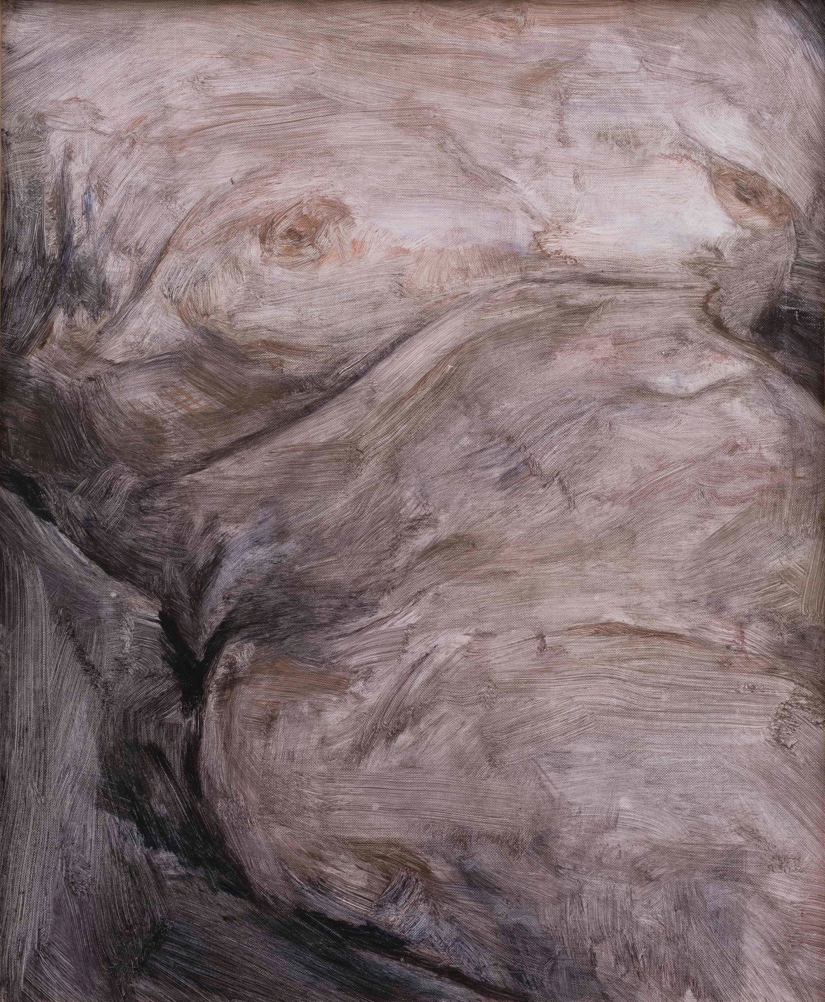 A painting of a woman's torso is shown in black and white.