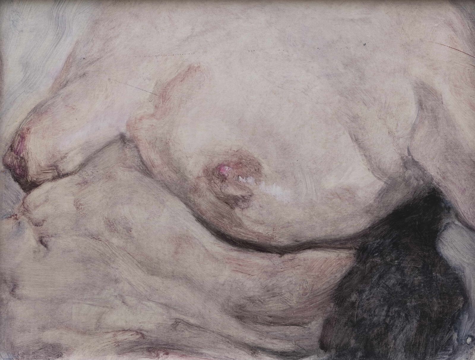 A drawing of a nude woman laying down on a bed.