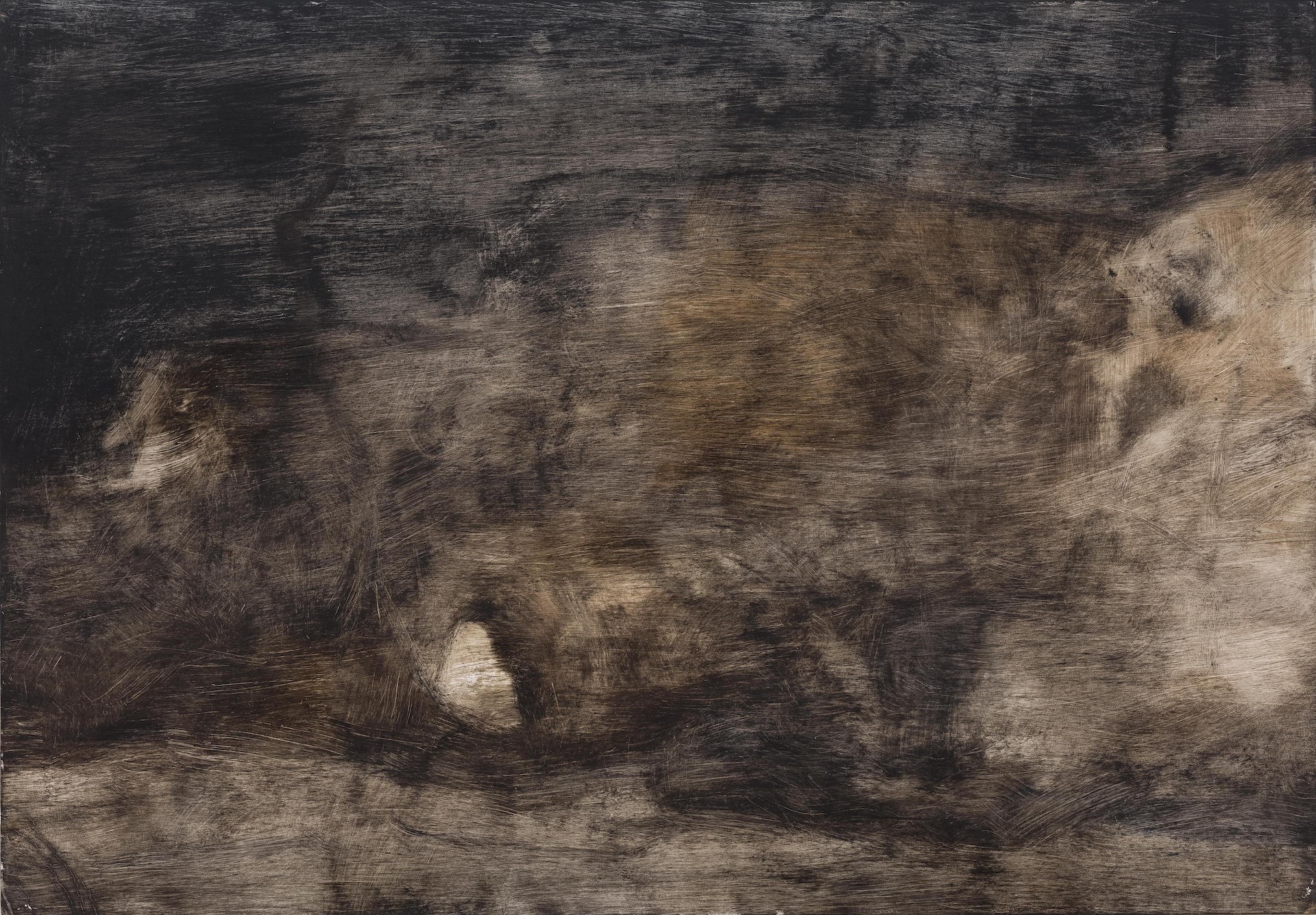 A black and white painting on a black background.