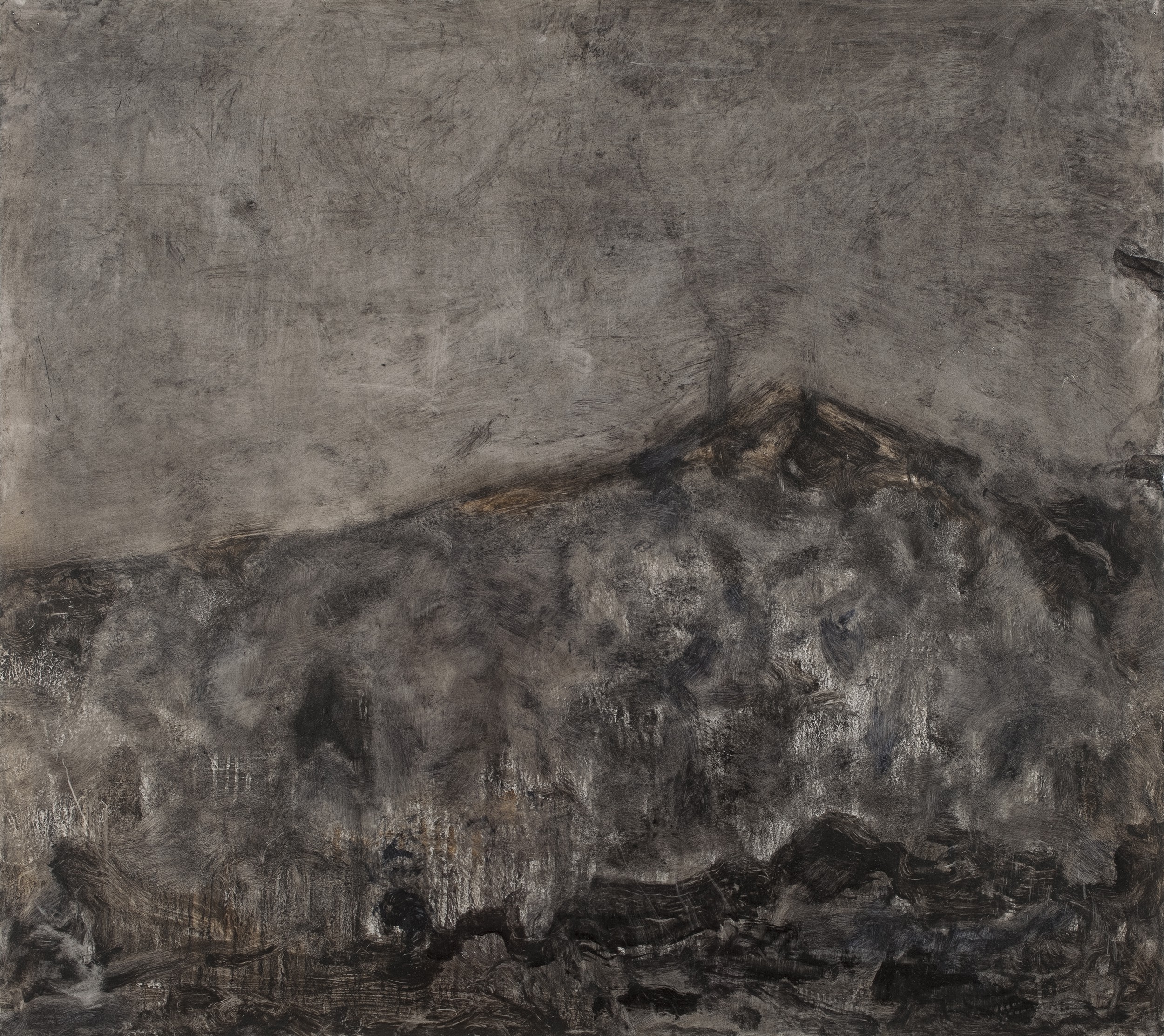 A black and white drawing of a mountain.