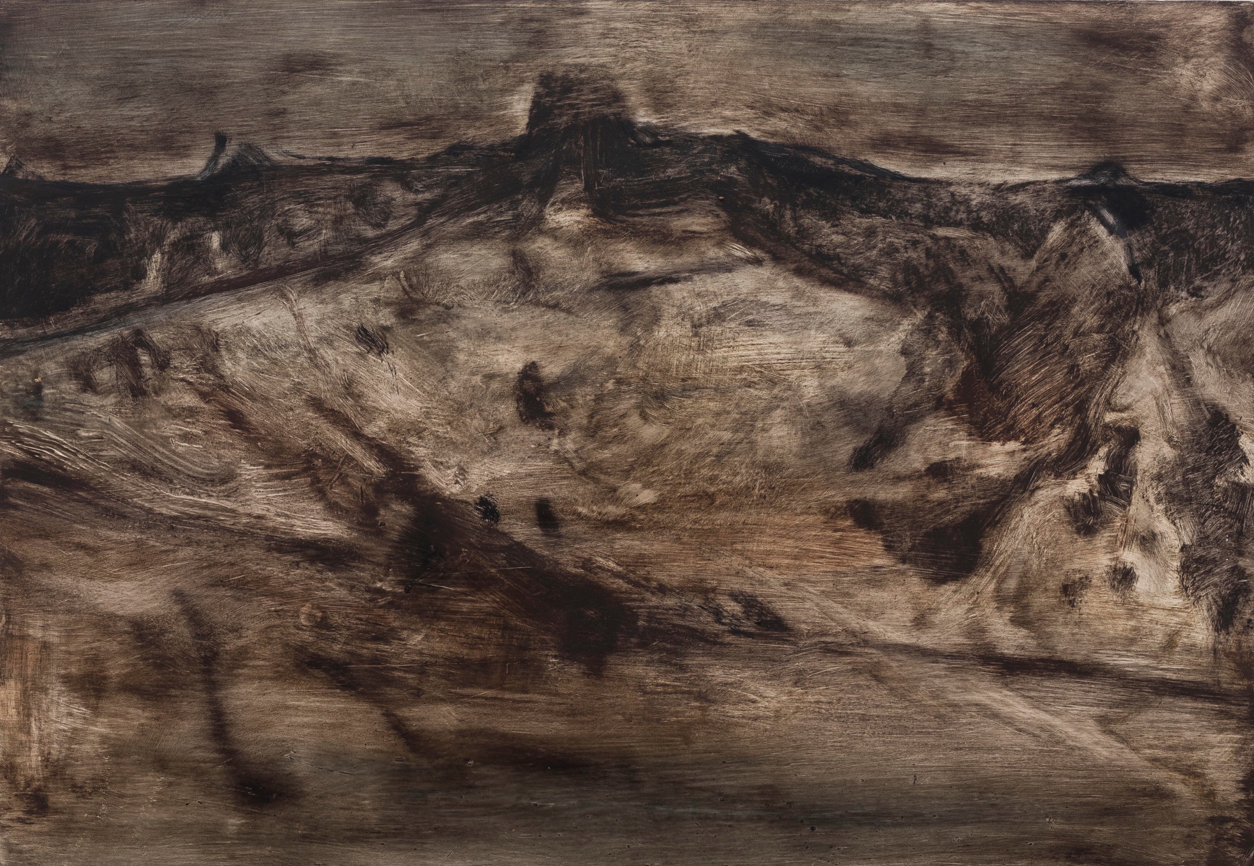 A black and white drawing of a mountain range.
