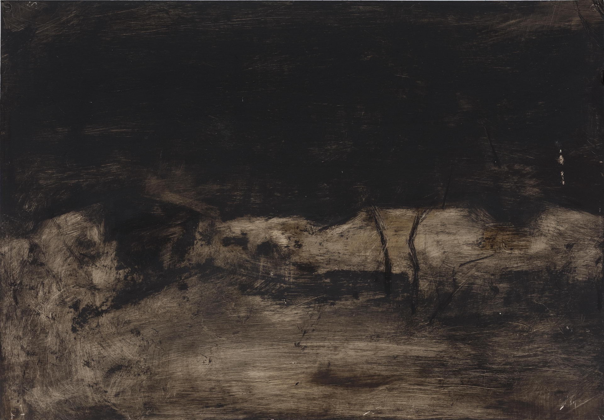 A black and white painting on a black background.