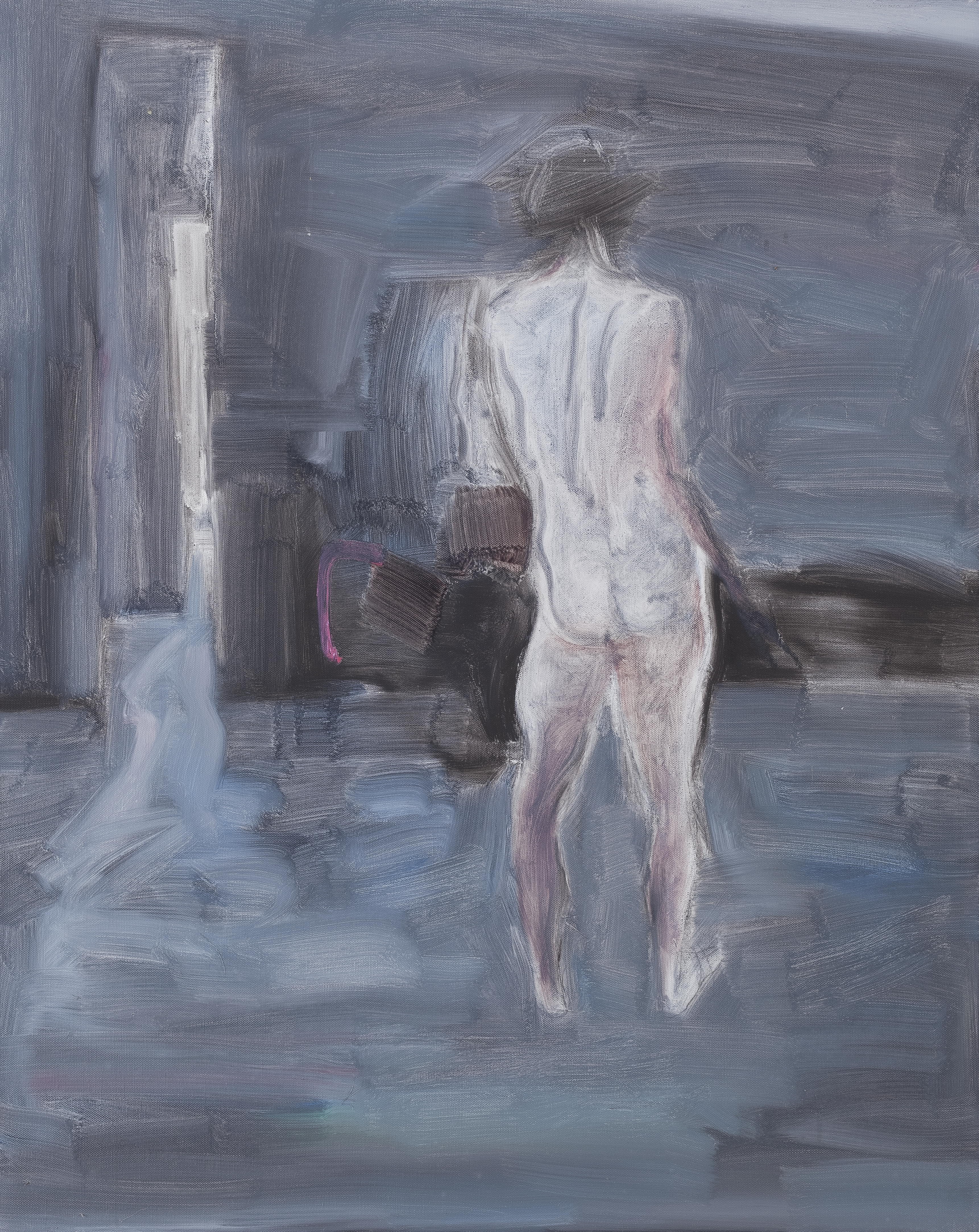 A painting of a nude woman walking down a street.