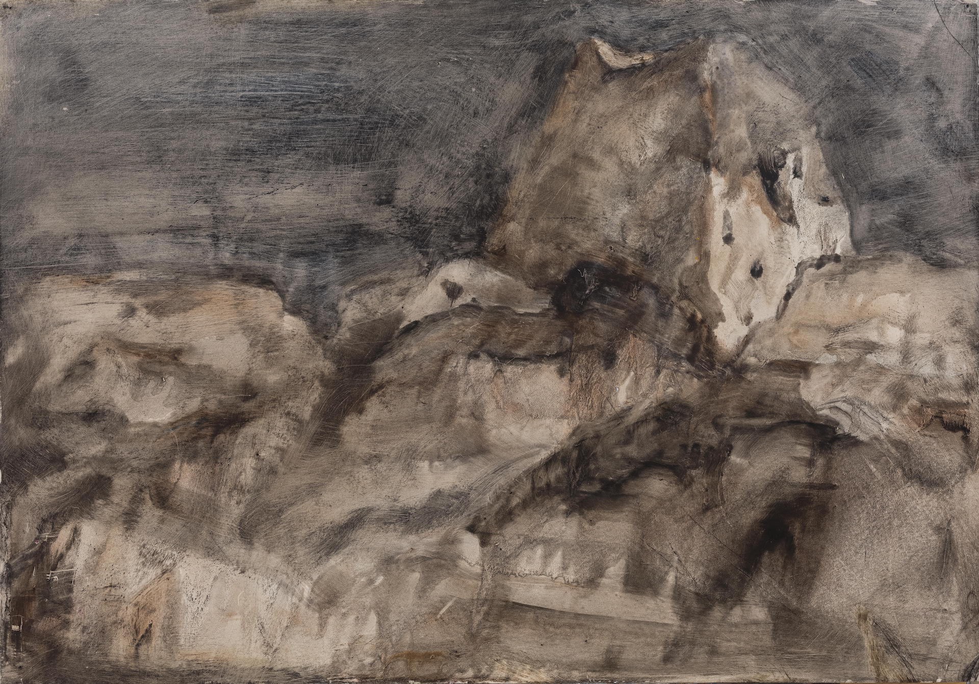 A drawing of a mountain with a cloudy sky.