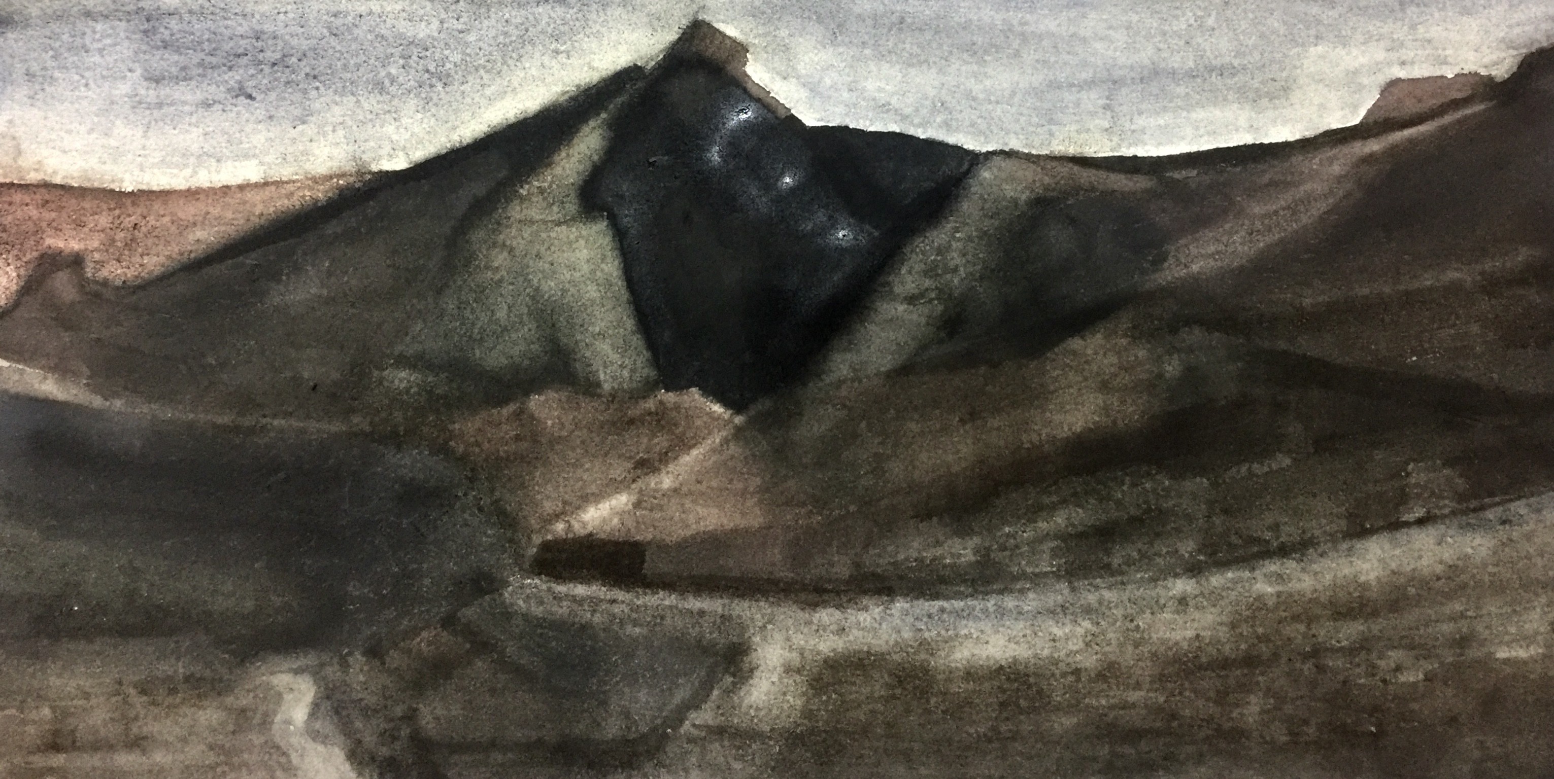 A moody watercolor landscape featuring a dark, shadowed mountain peak against a muted sky.