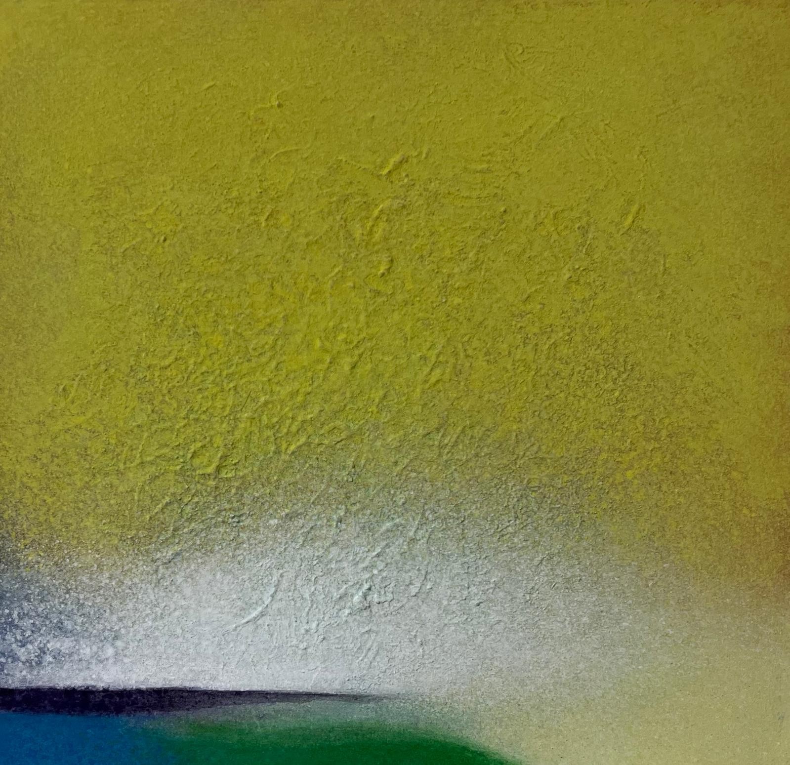An abstract composition featuring a textured gradient from yellow to white, resting on a dark horizon line with hints of blue and green.