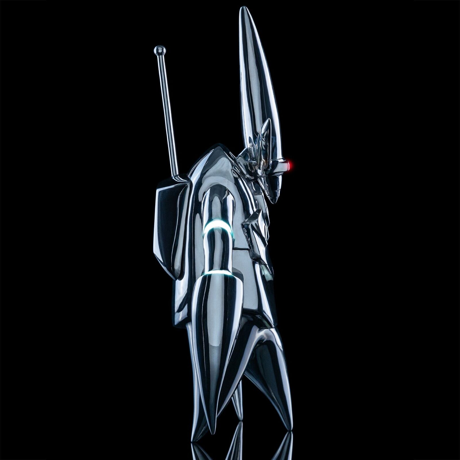 A futuristic robot standing in front of a black background.