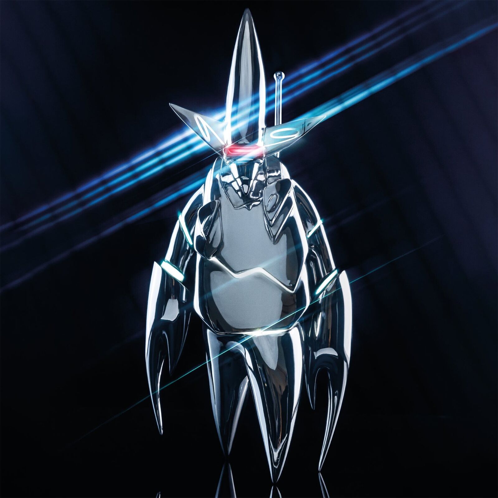 A futuristic robot standing in front of a black background.