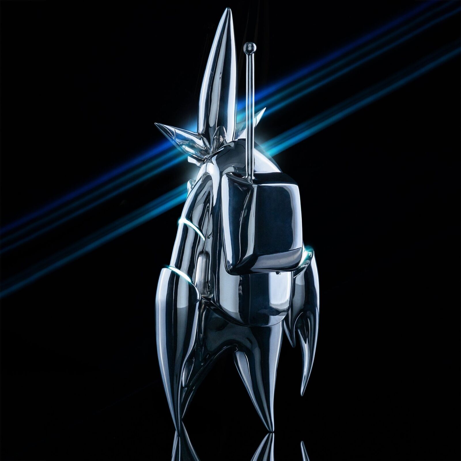 A futuristic robot standing in front of a black background.