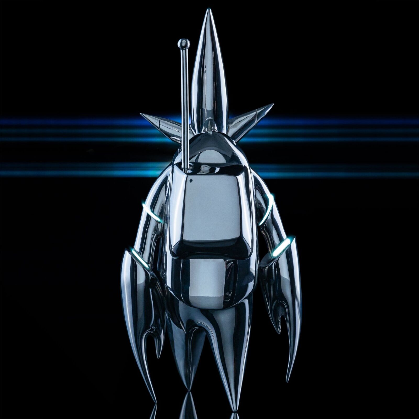 A futuristic robot standing in front of a black background.