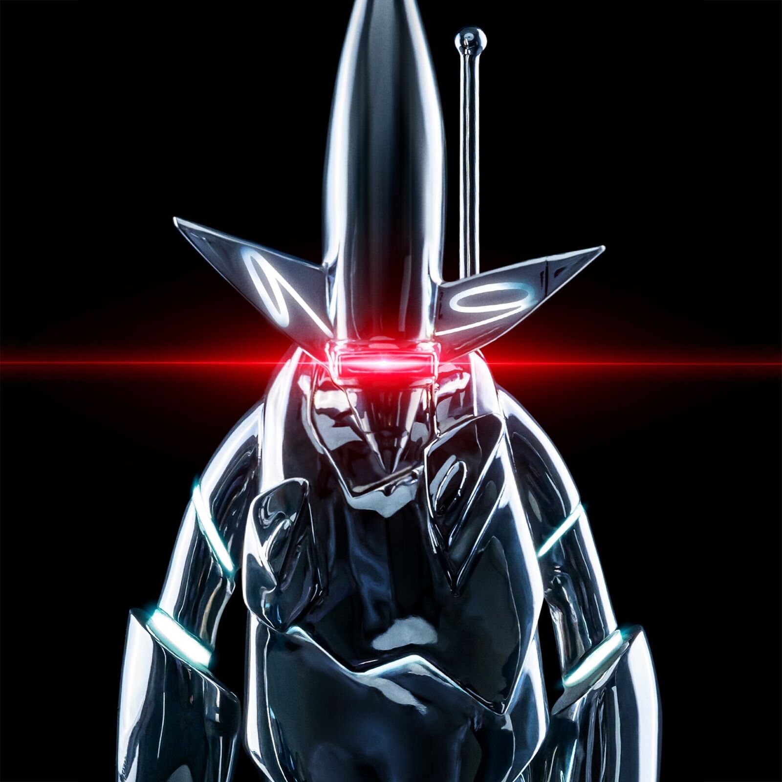 A futuristic robot standing in front of a black background.