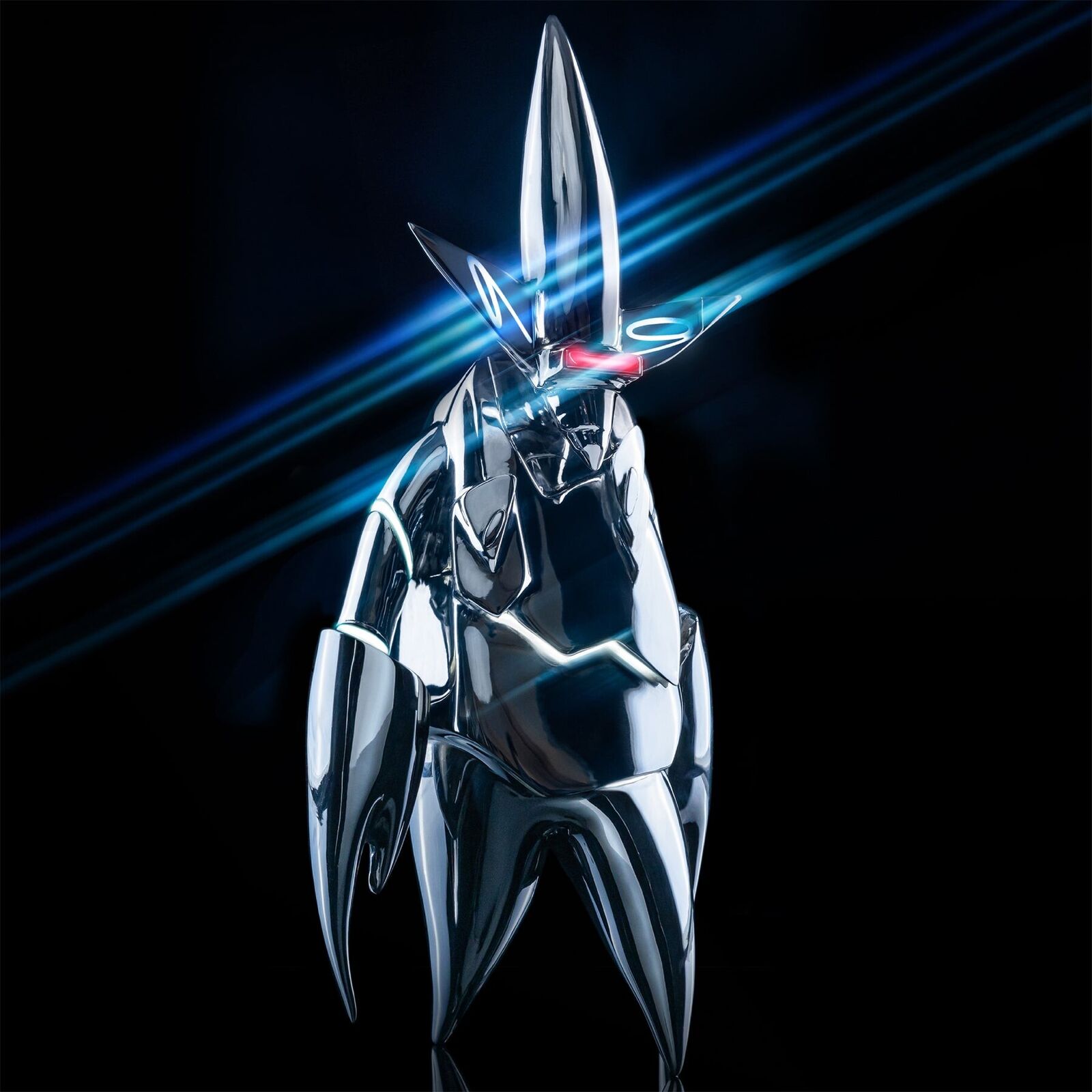 A futuristic robot standing in front of a black background.