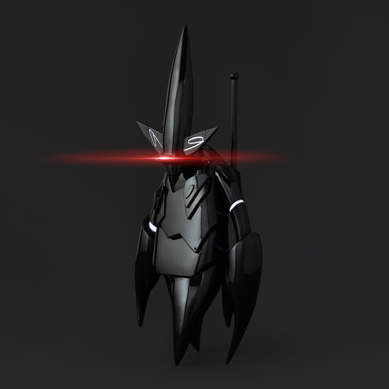 A black and red robot with a red light on it's head.