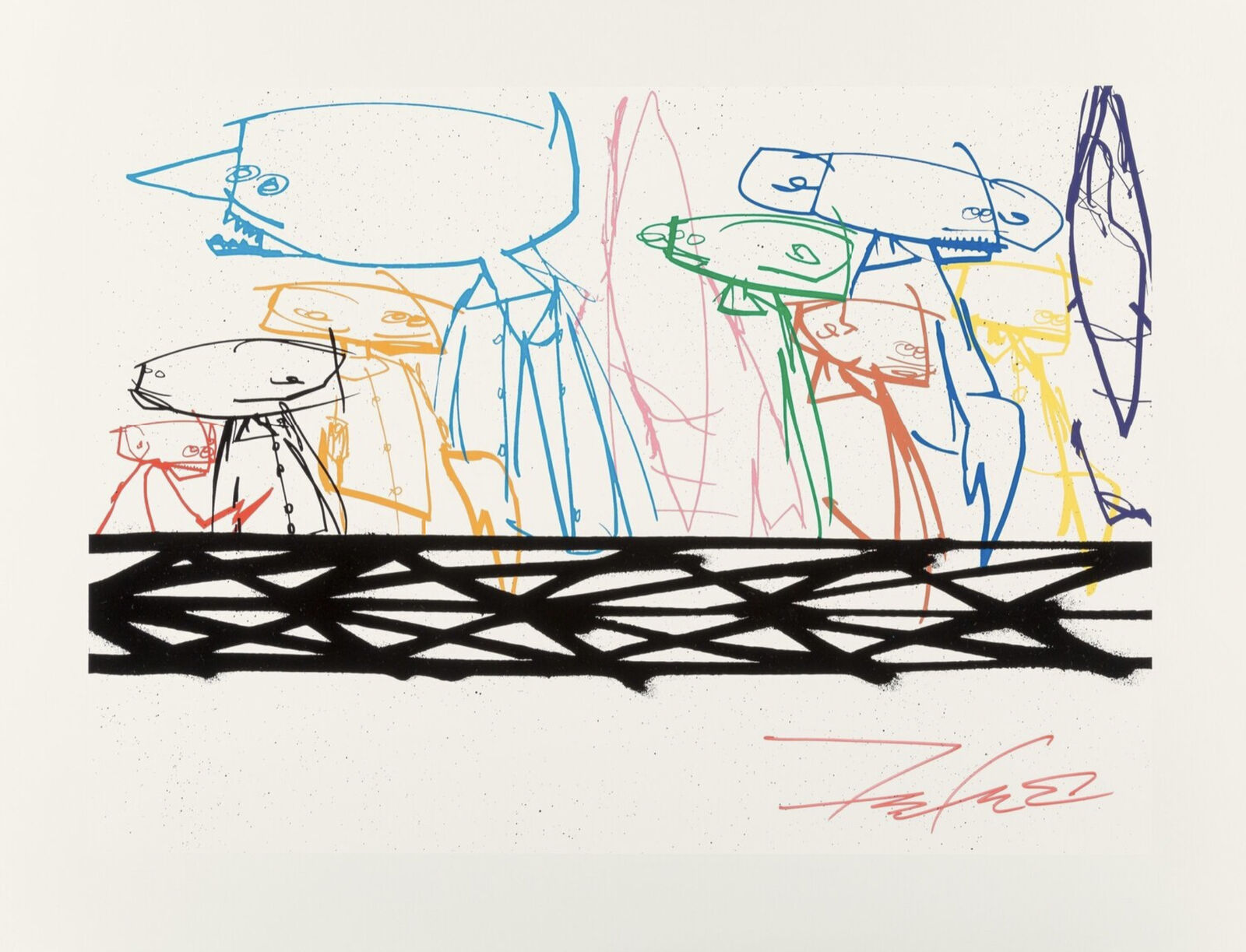 A drawing of a group of people standing on a bridge.