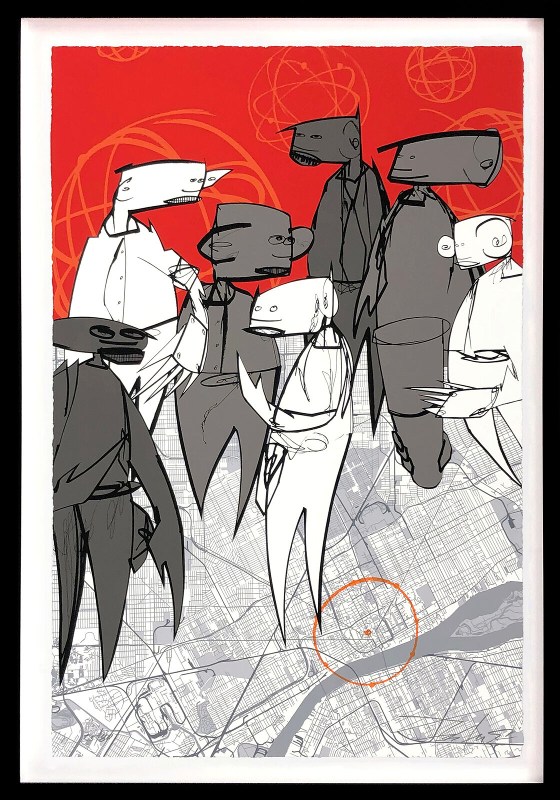 A group of people standing in front of a red background.