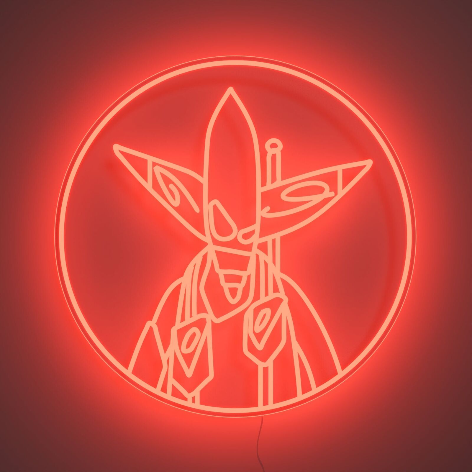 A red neon sign with a drawing of a man holding a sword.