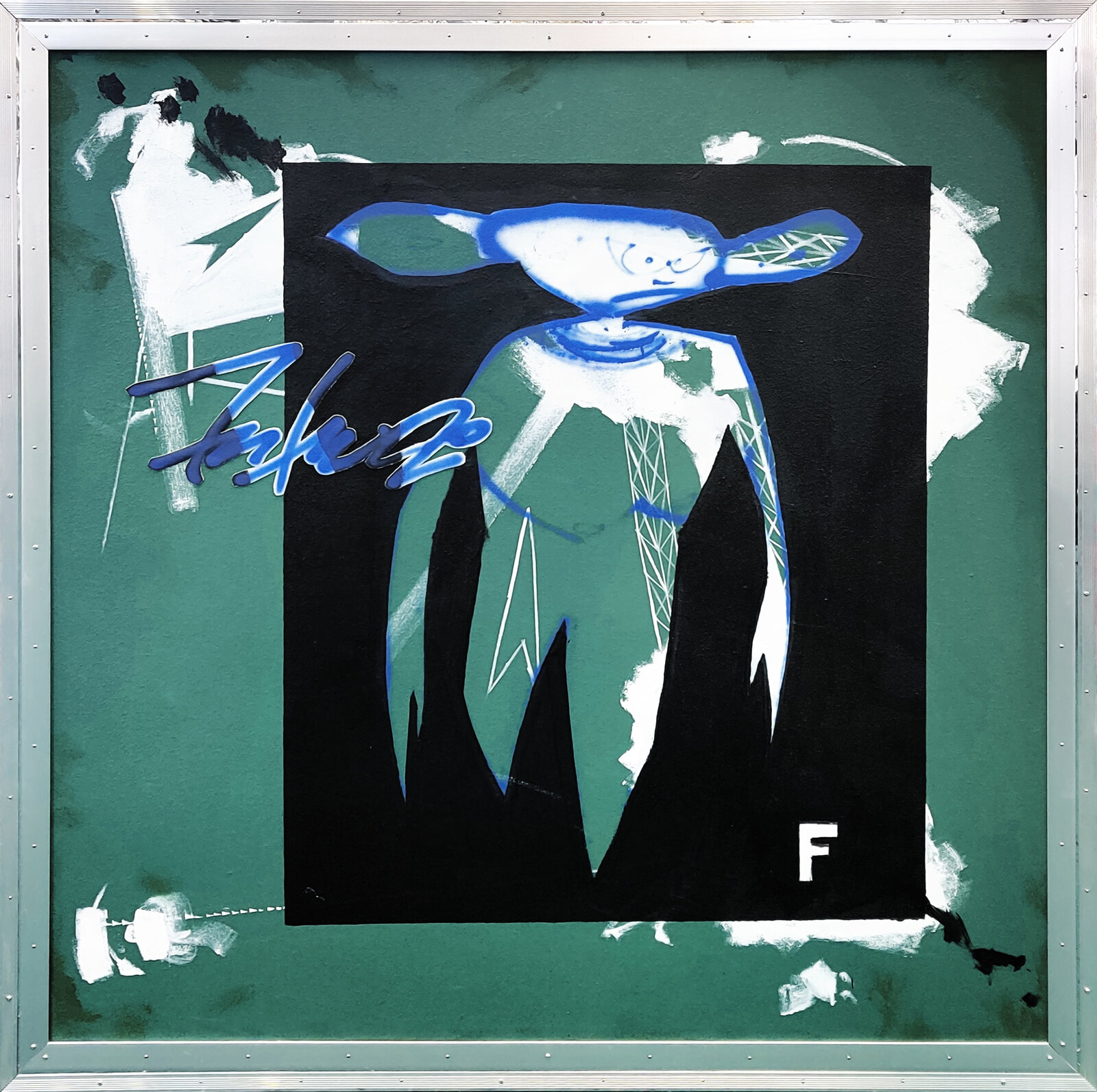 A painting of a blue and green abstract painting in a white frame.