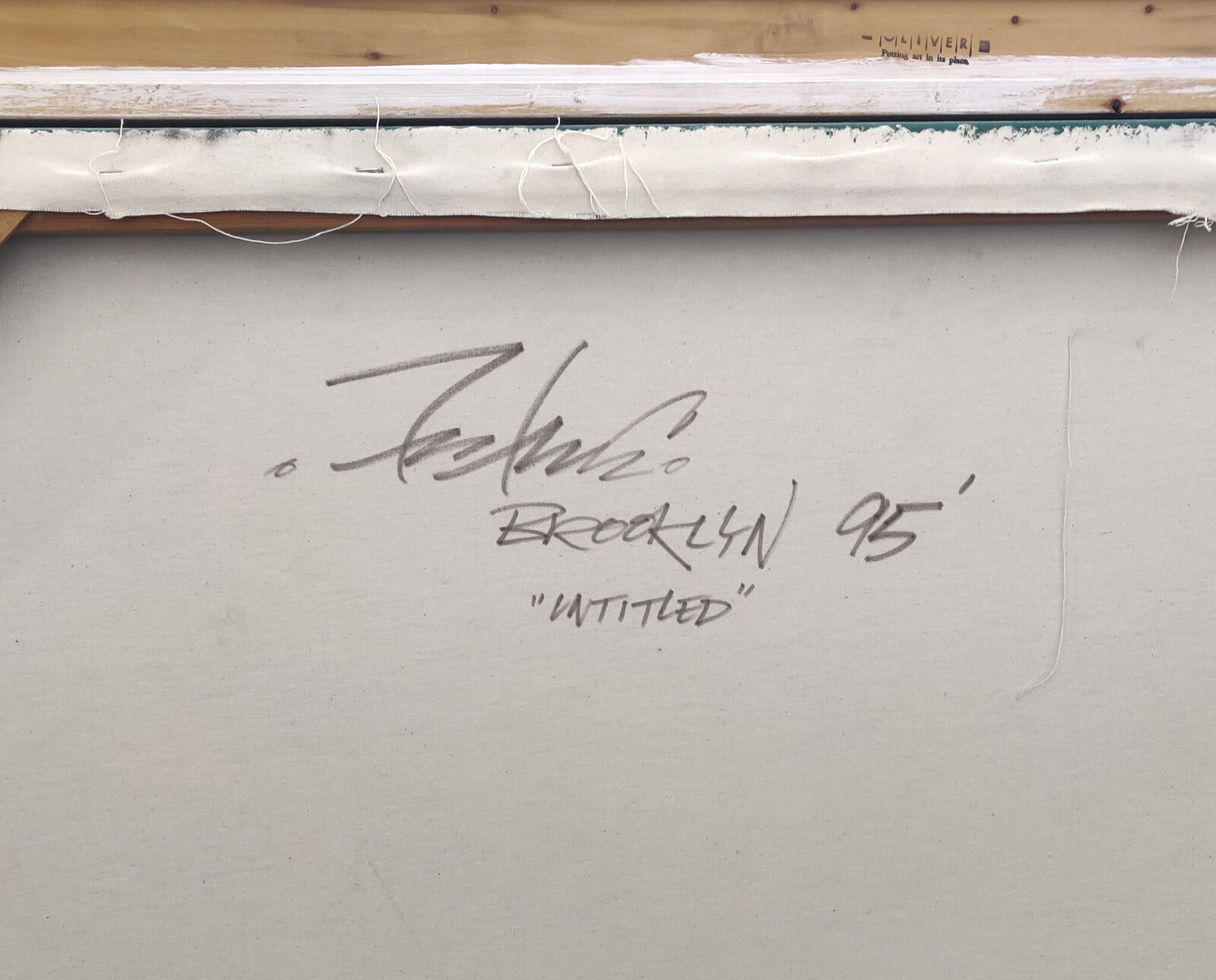 A painting of a blue and green abstract painting in a white frame.