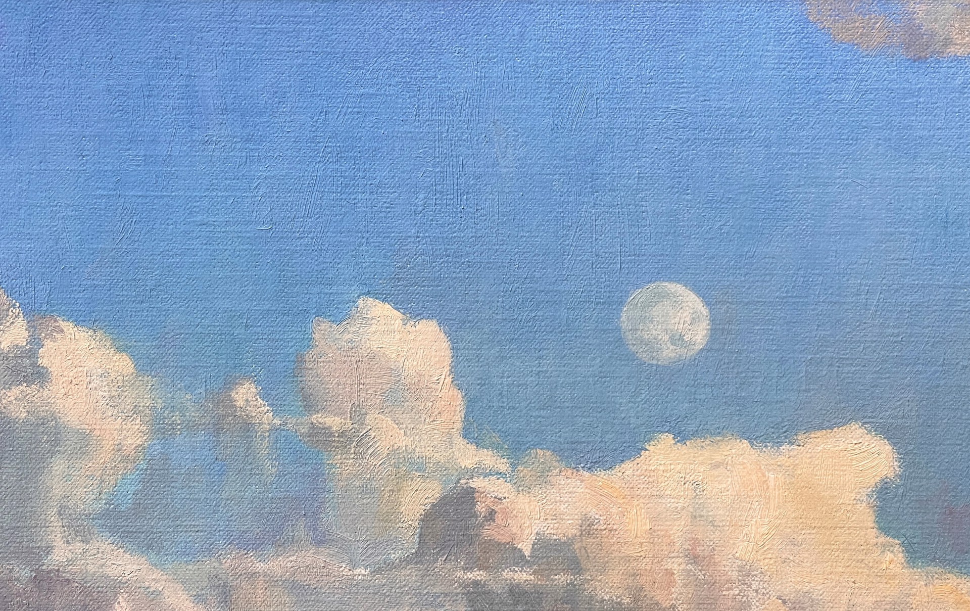 A painting of two people walking in the desert with a full moon in the sky.