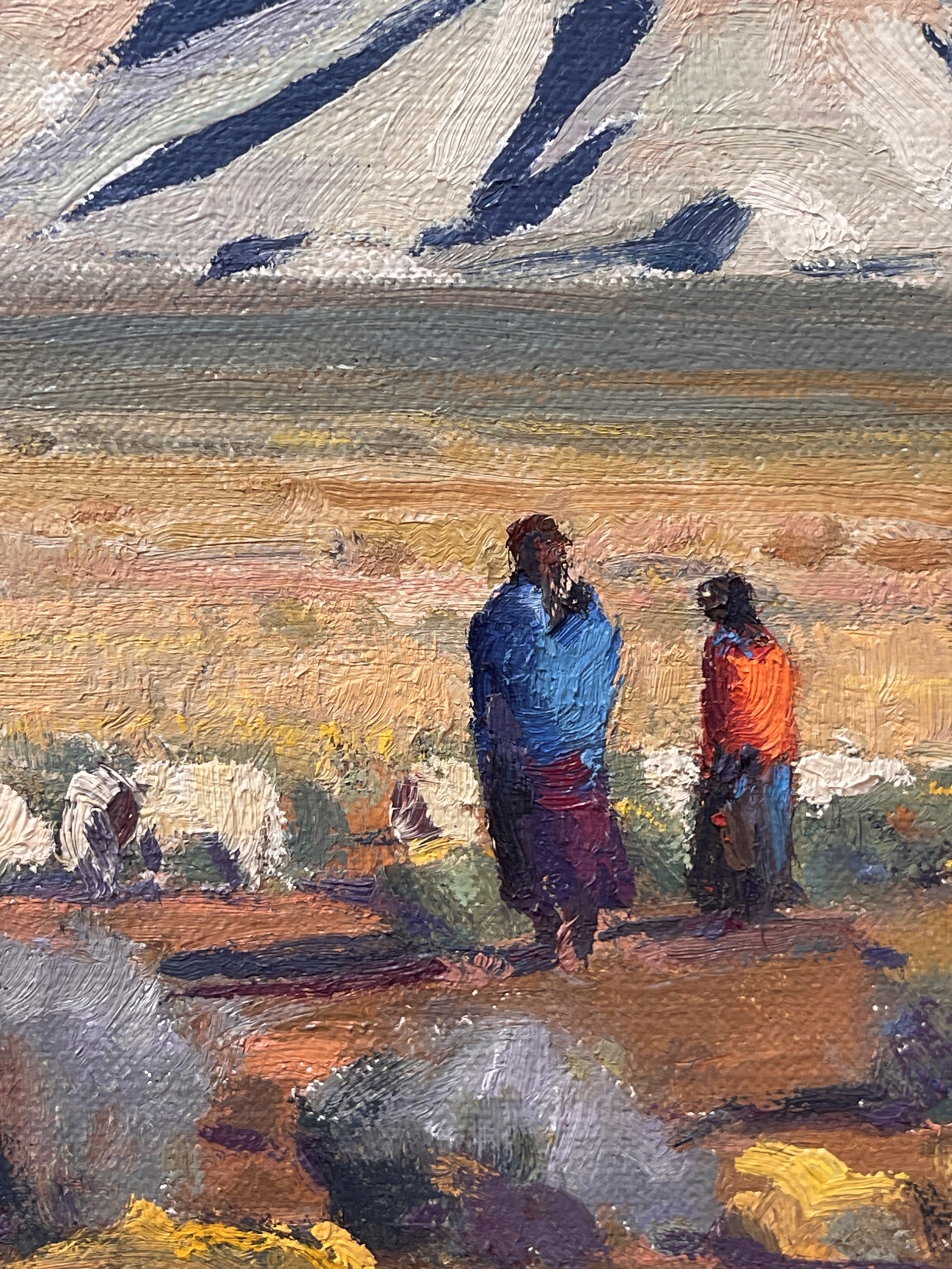 A painting of two people walking in the desert with a full moon in the sky.