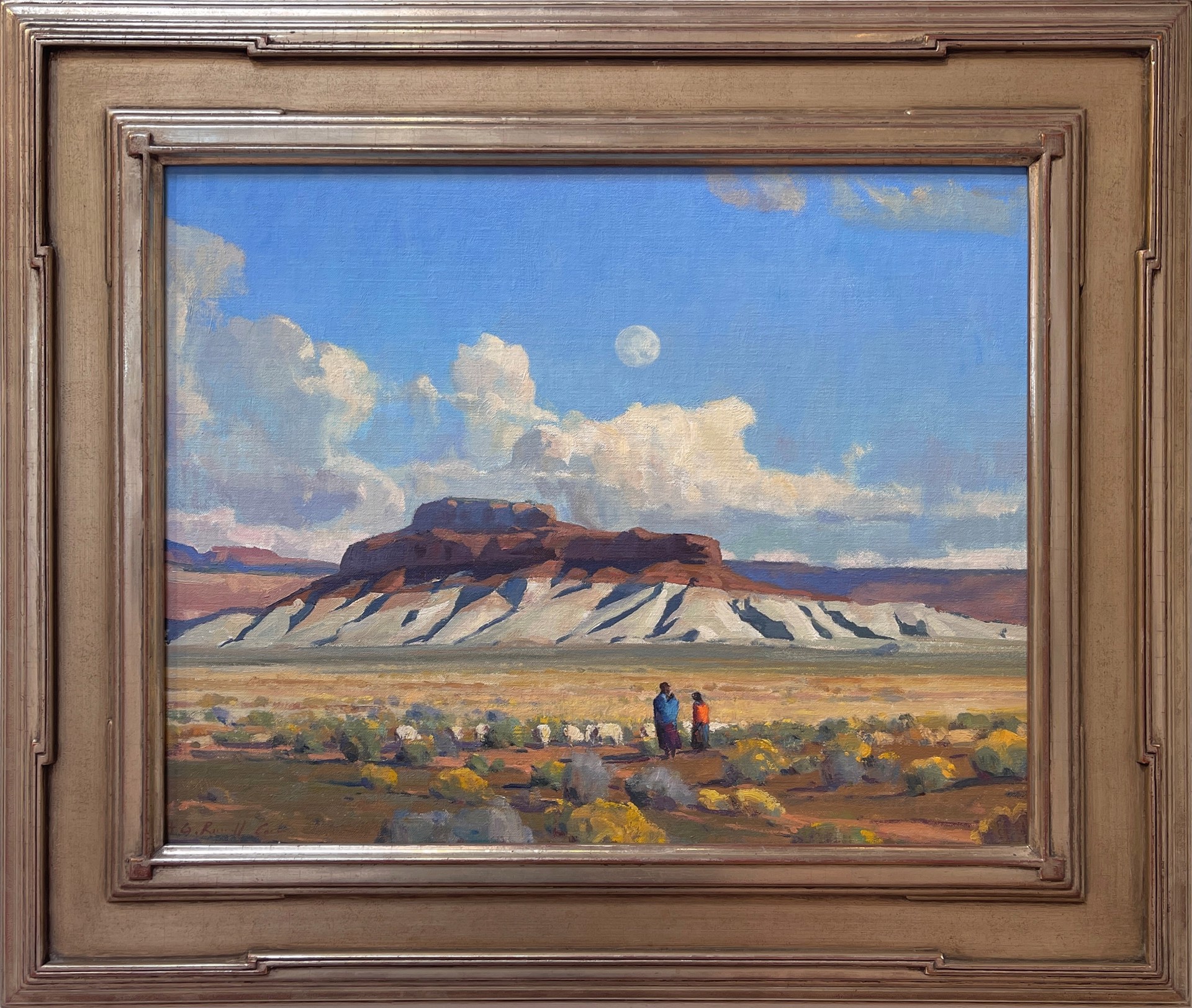 A painting of two people walking in the desert with a full moon in the sky.