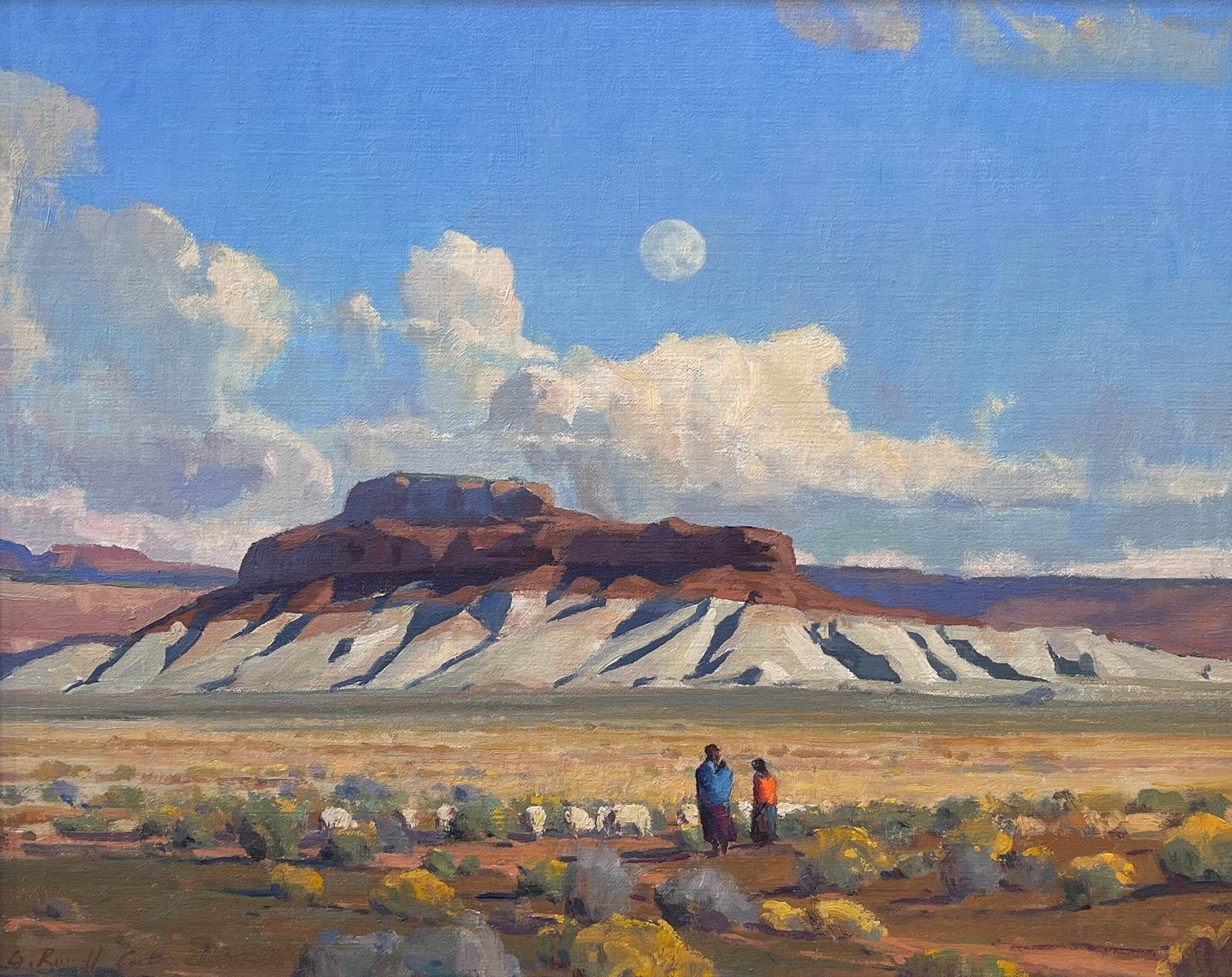 A painting of two people walking in the desert with a full moon in the sky.