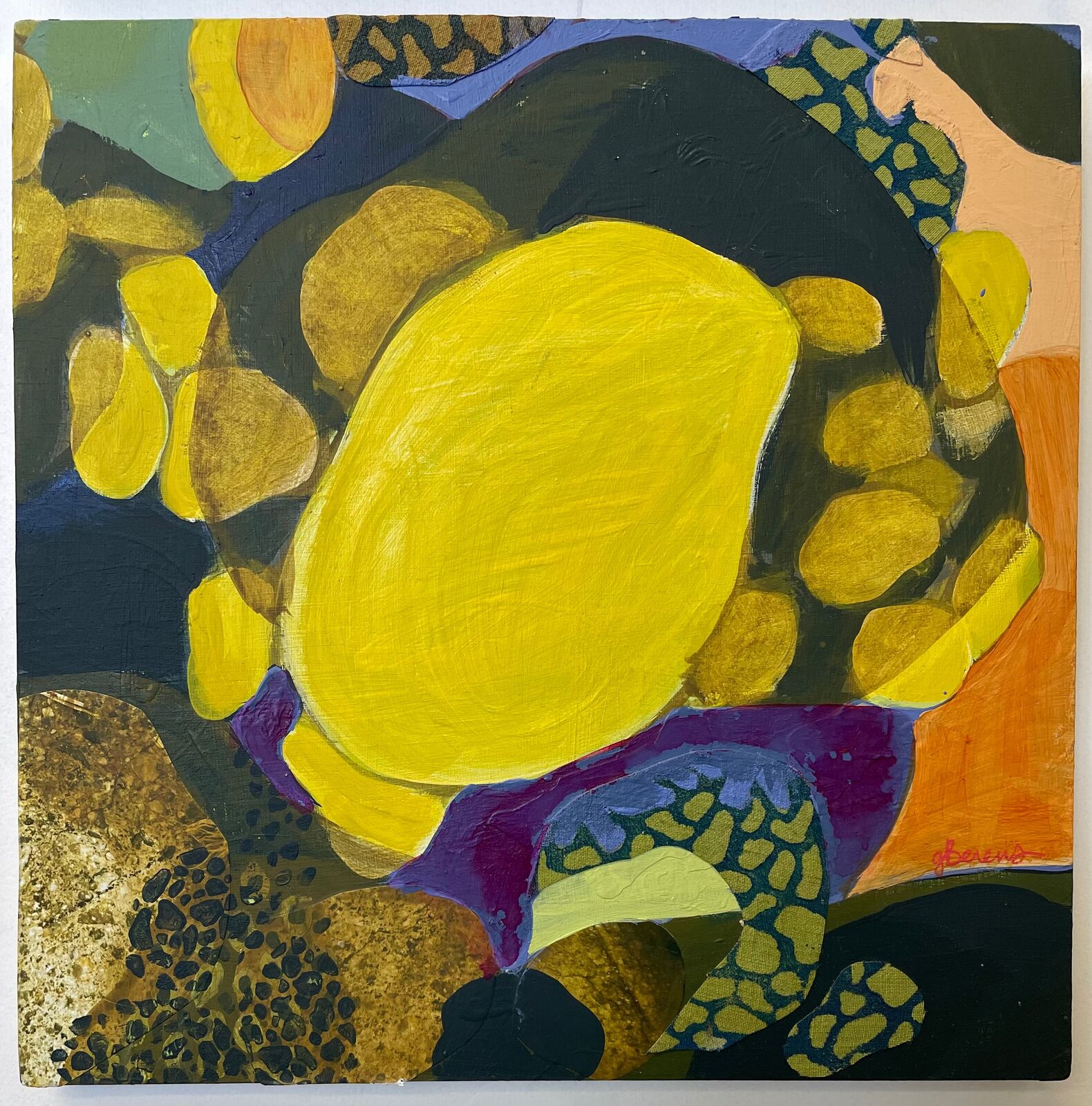 A vibrant four-panel abstract composition featuring organic shapes and bold colors.