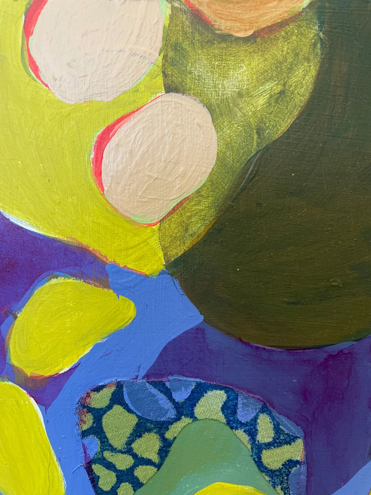A vibrant four-panel abstract composition featuring organic shapes and bold colors.