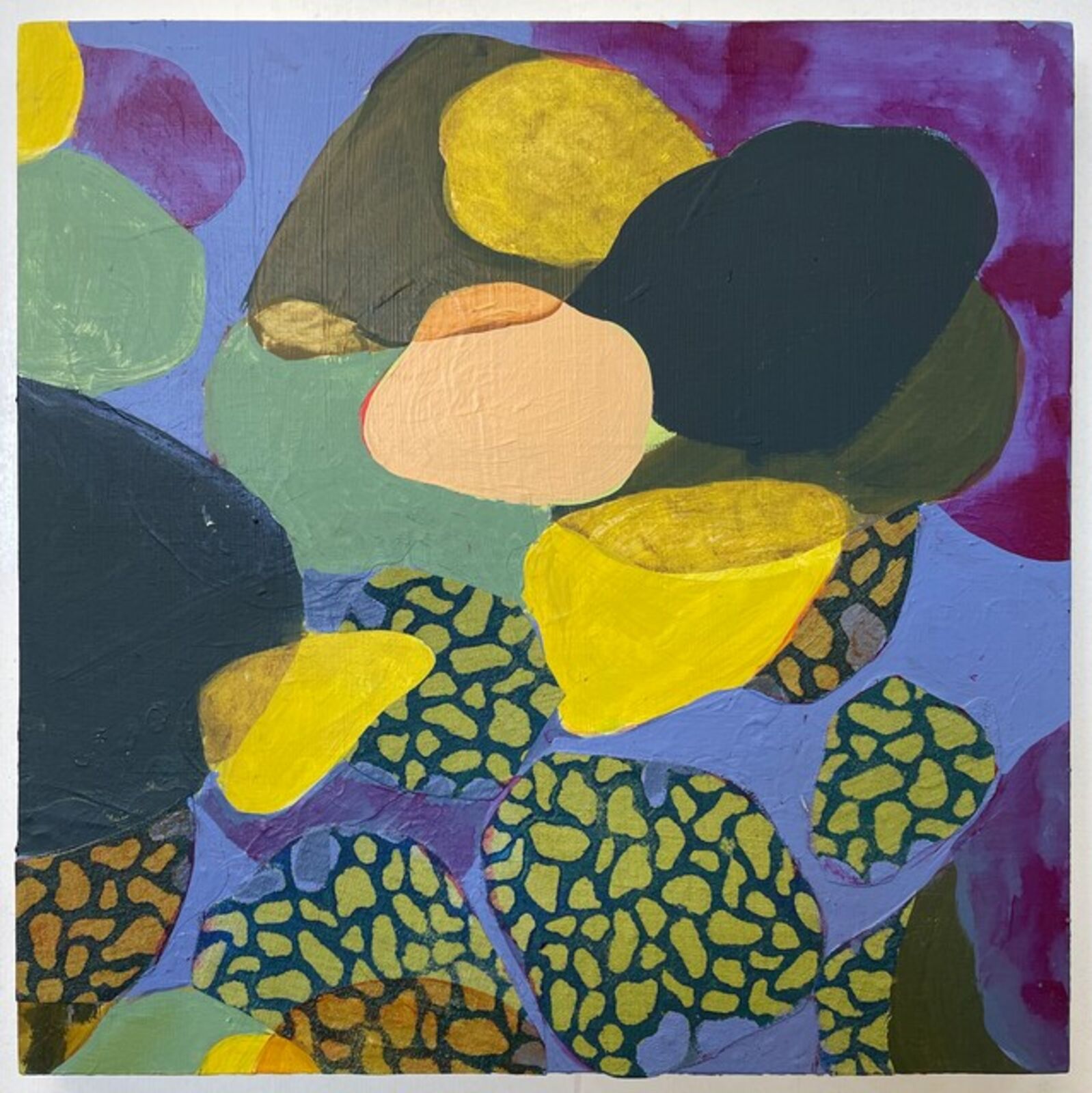 A vibrant four-panel abstract composition featuring organic shapes and bold colors.