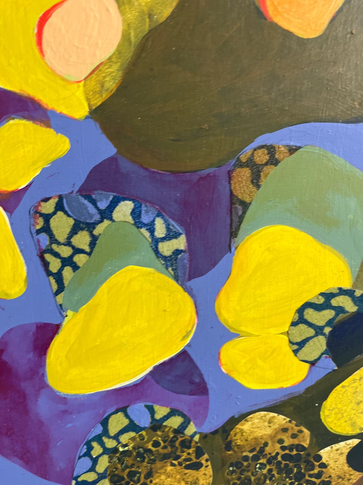 A vibrant four-panel abstract composition featuring organic shapes and bold colors.