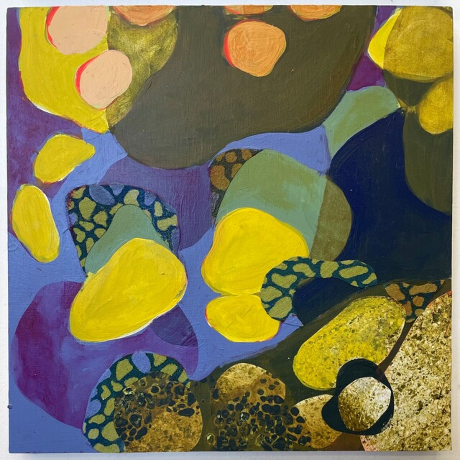 A vibrant four-panel abstract composition featuring organic shapes and bold colors.