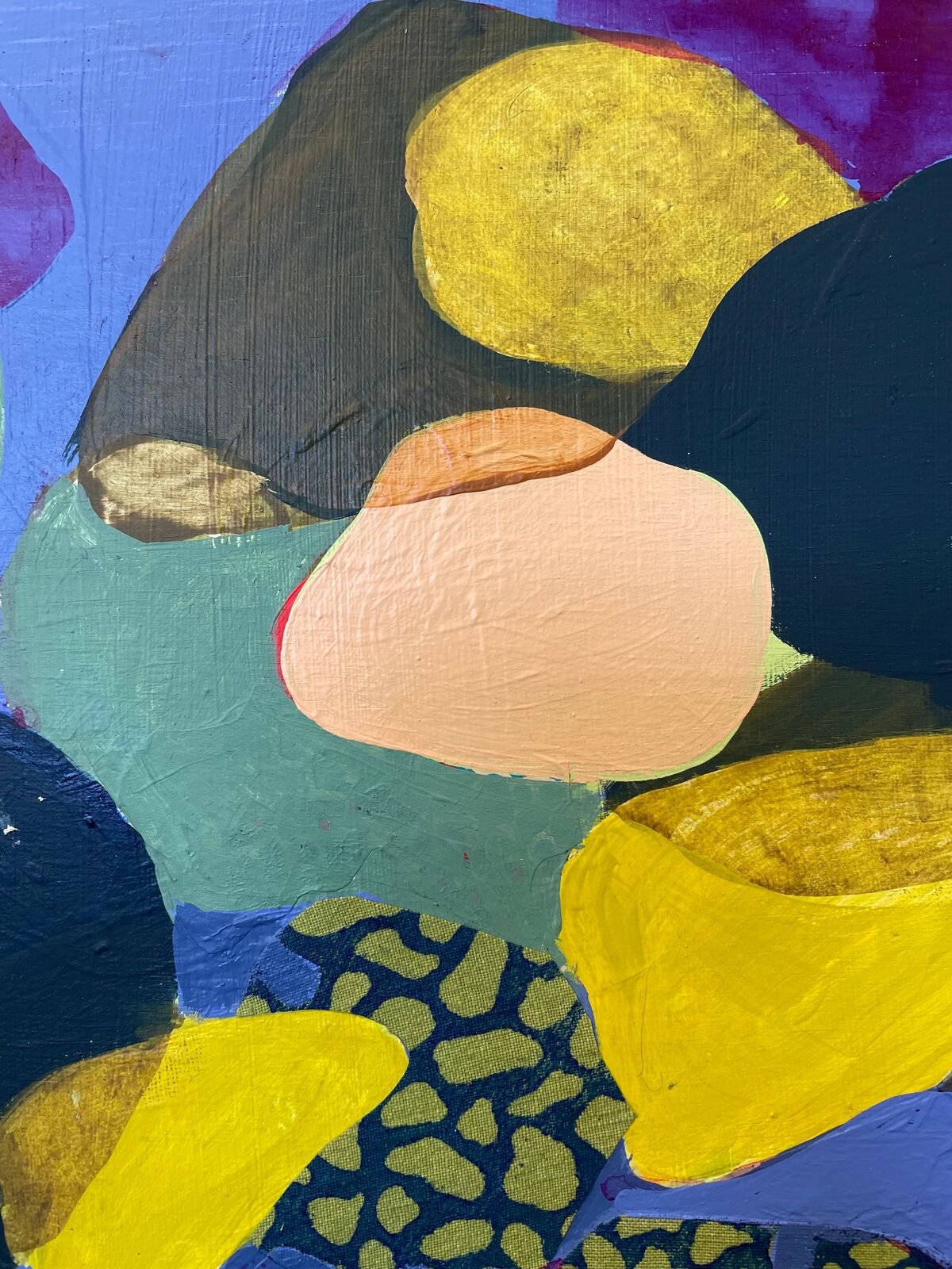 A vibrant four-panel abstract composition featuring organic shapes and bold colors.