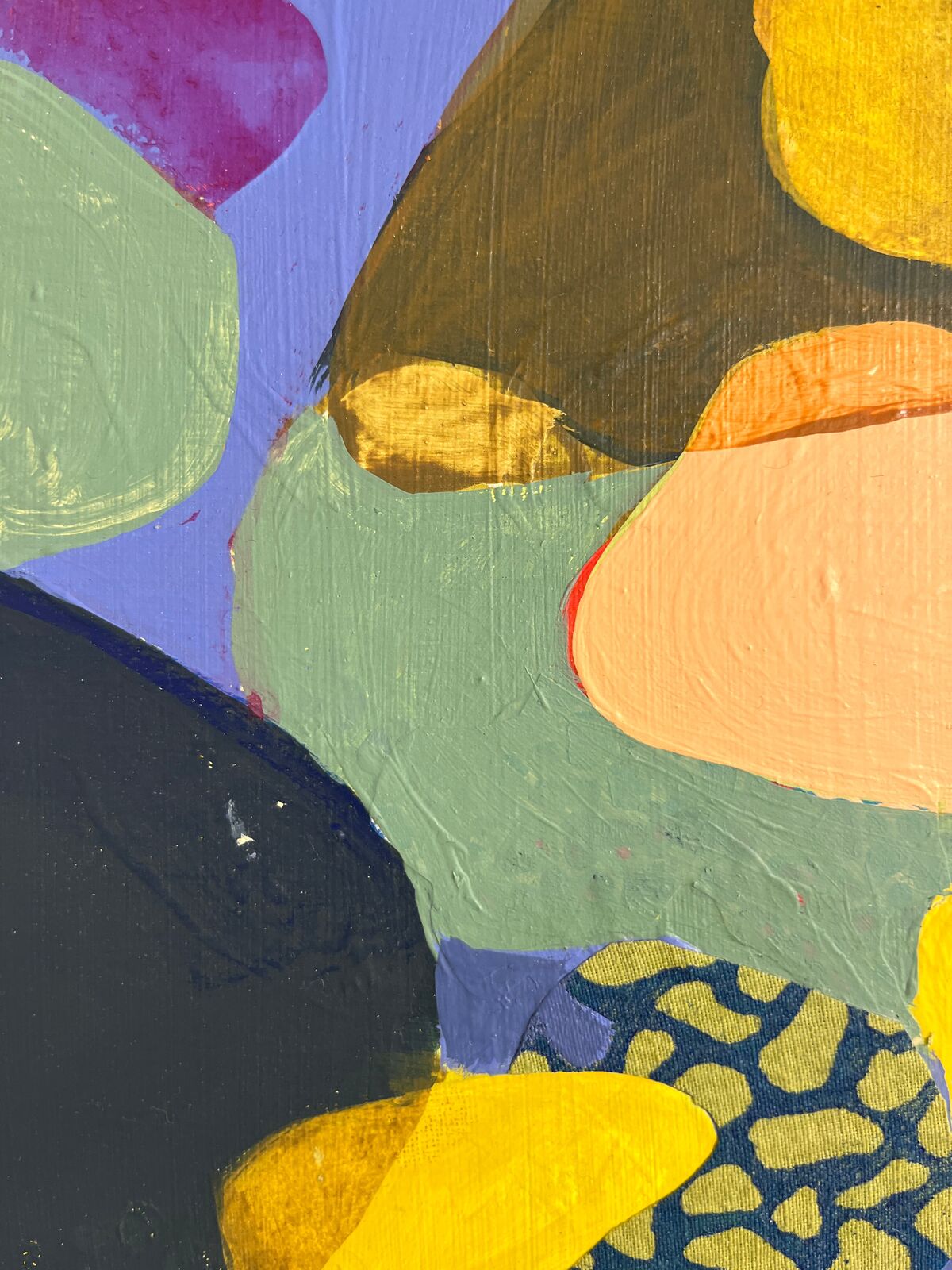 A vibrant four-panel abstract composition featuring organic shapes and bold colors.