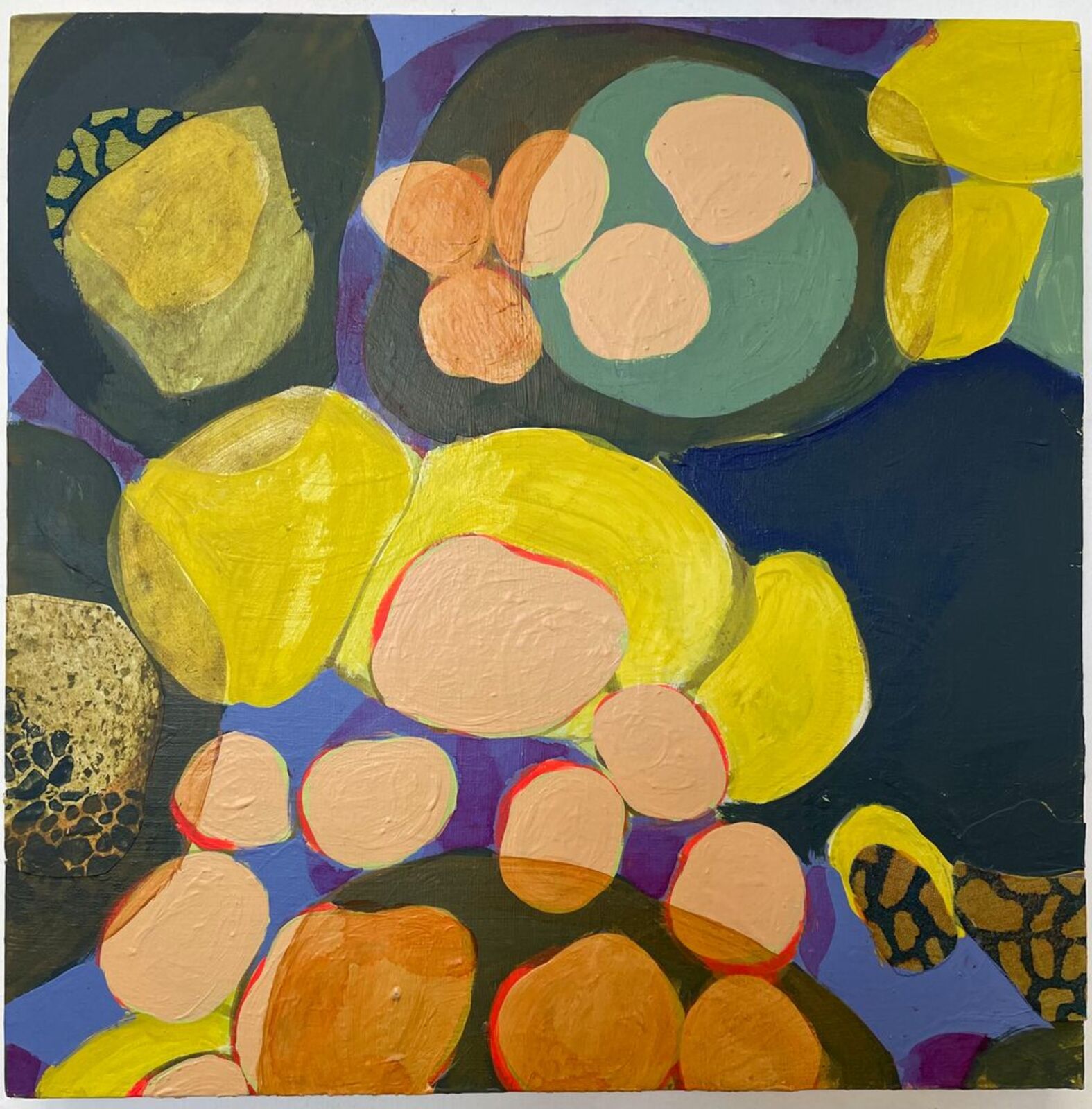 A vibrant four-panel abstract composition featuring organic shapes and bold colors.