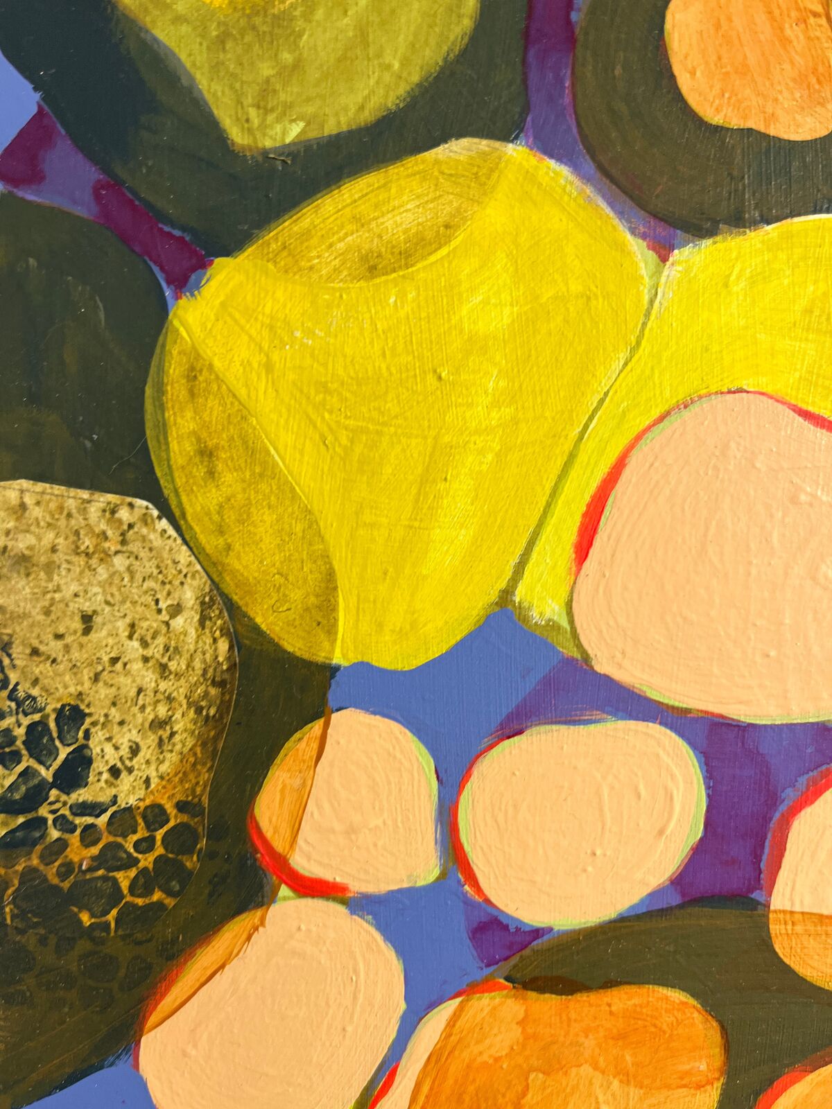 A vibrant four-panel abstract composition featuring organic shapes and bold colors.