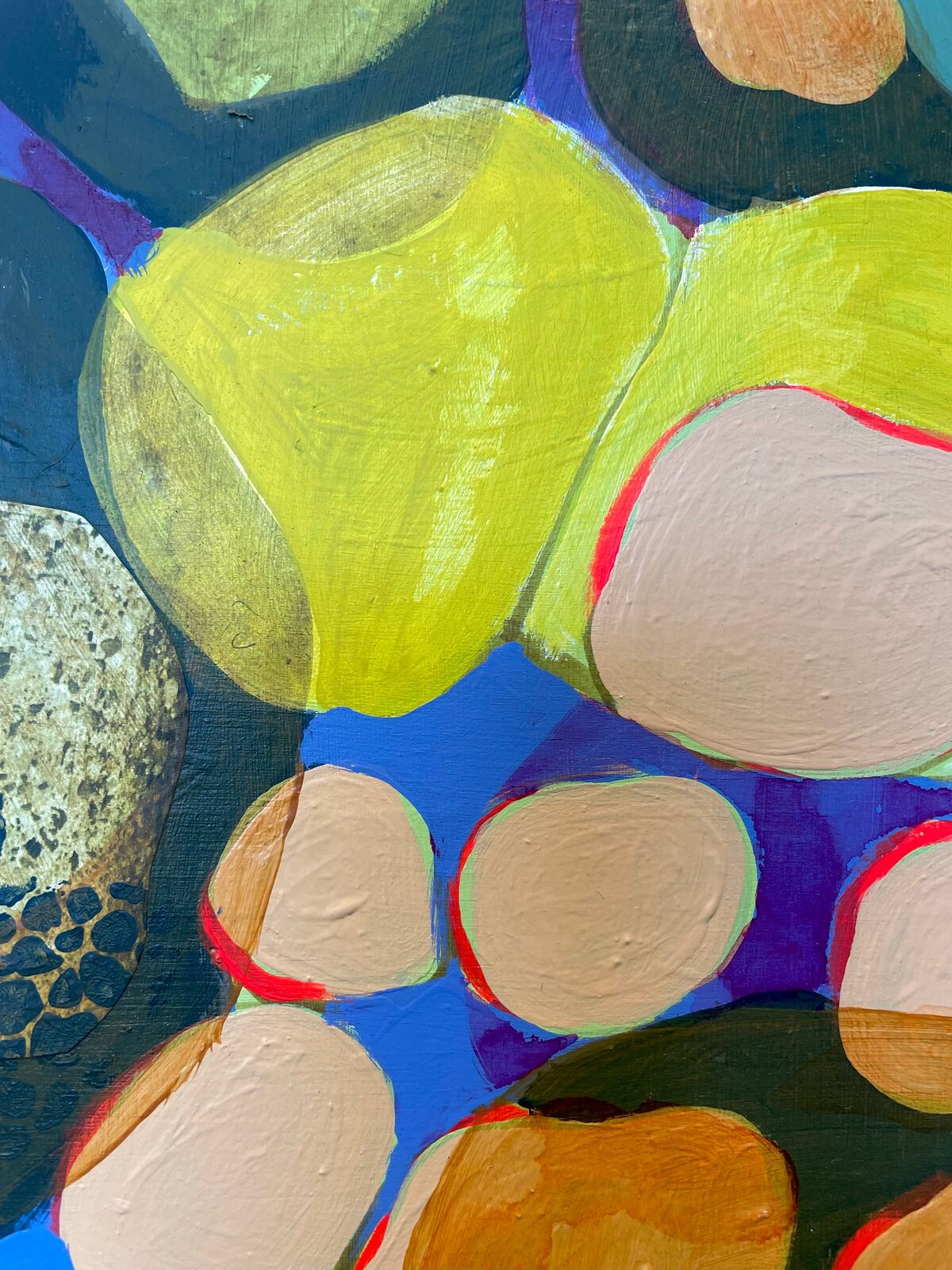 A vibrant four-panel abstract composition featuring organic shapes and bold colors.
