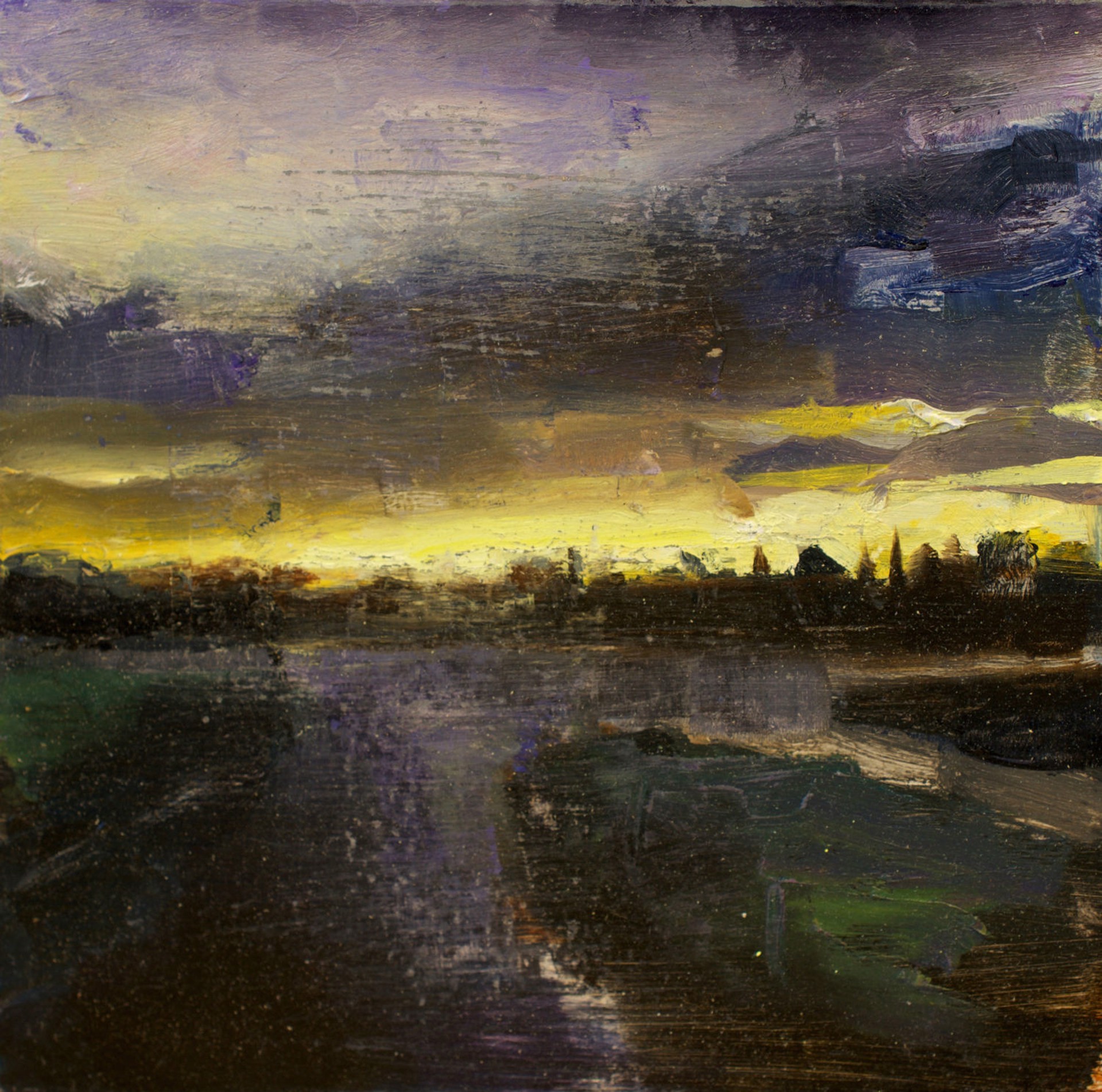 A painting of a sunset over a body of water.