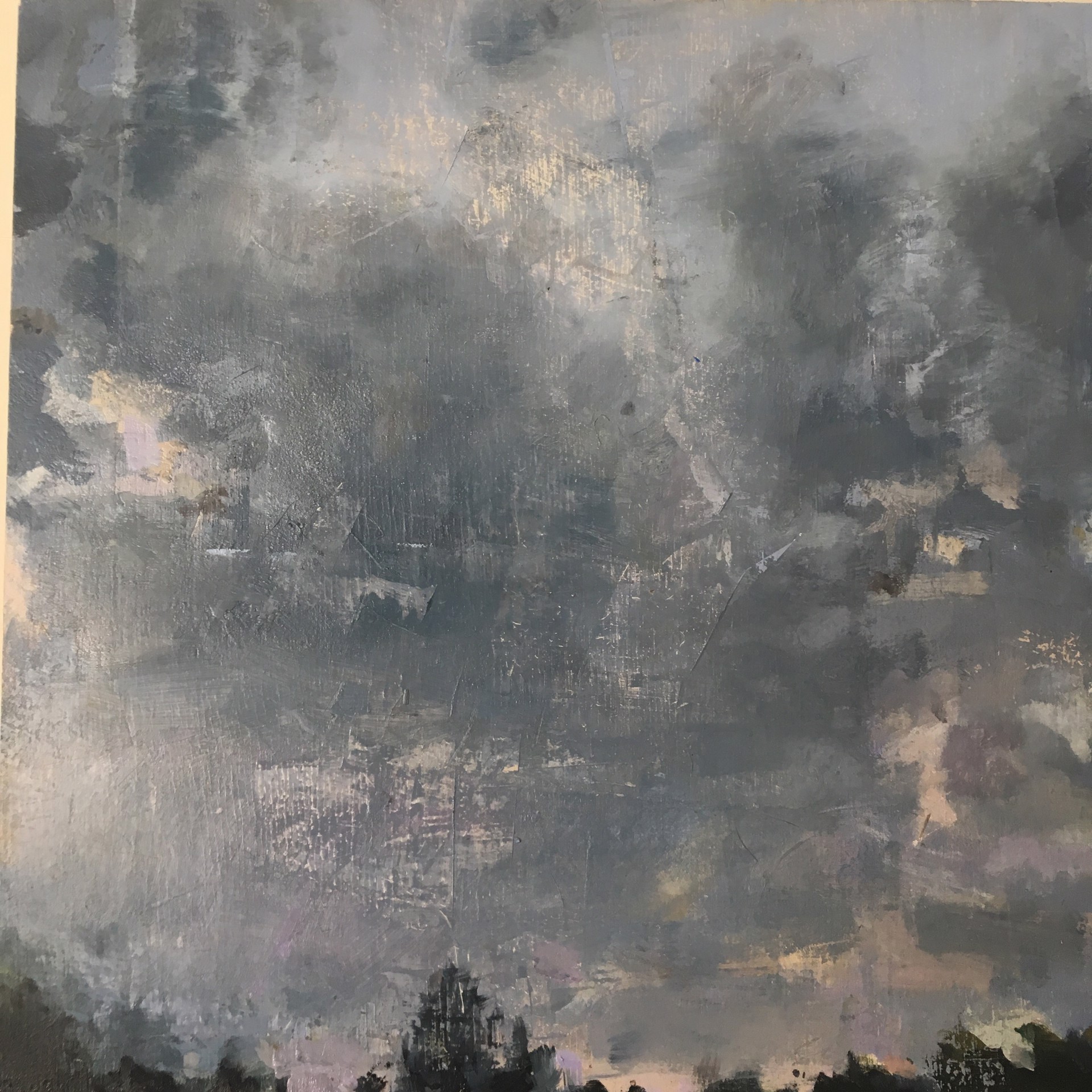 A painting of a cloudy sky over a city.