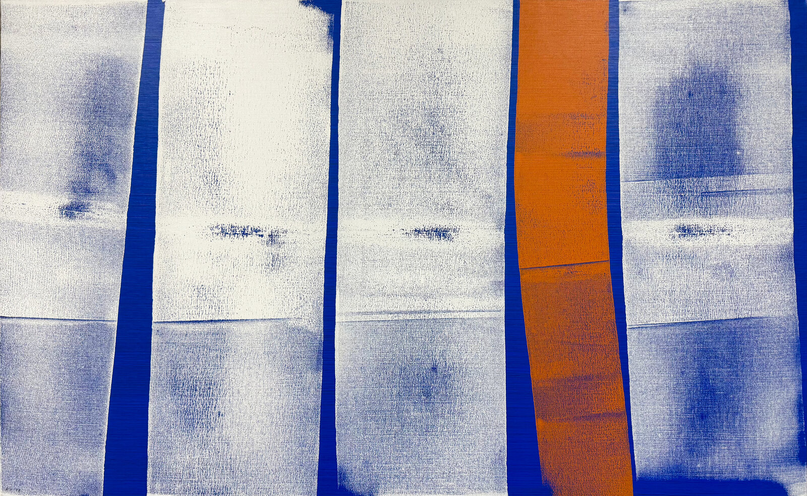 A bold abstract composition featuring vertical stripes of textured white, deep blue, and burnt orange.