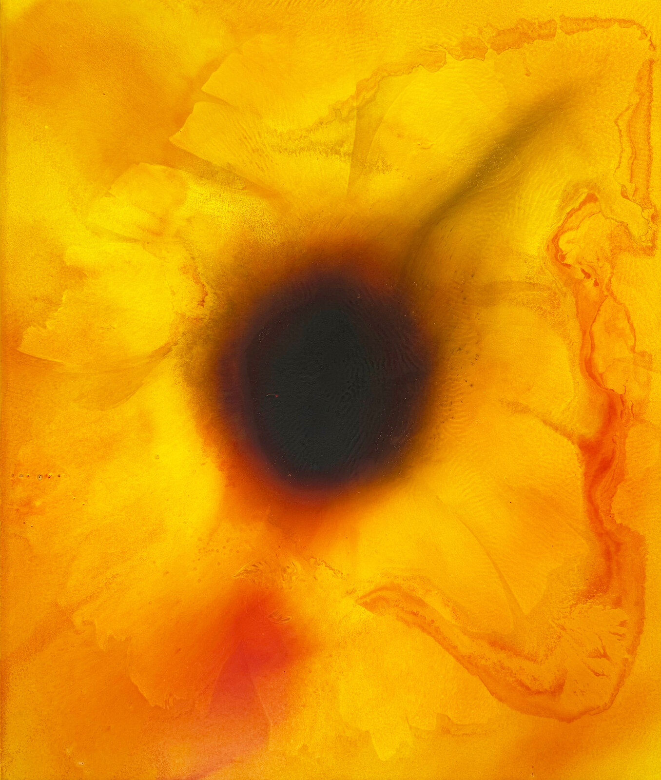 A vibrant abstract floral composition featuring a dark center surrounded by radiating yellow and orange petals.