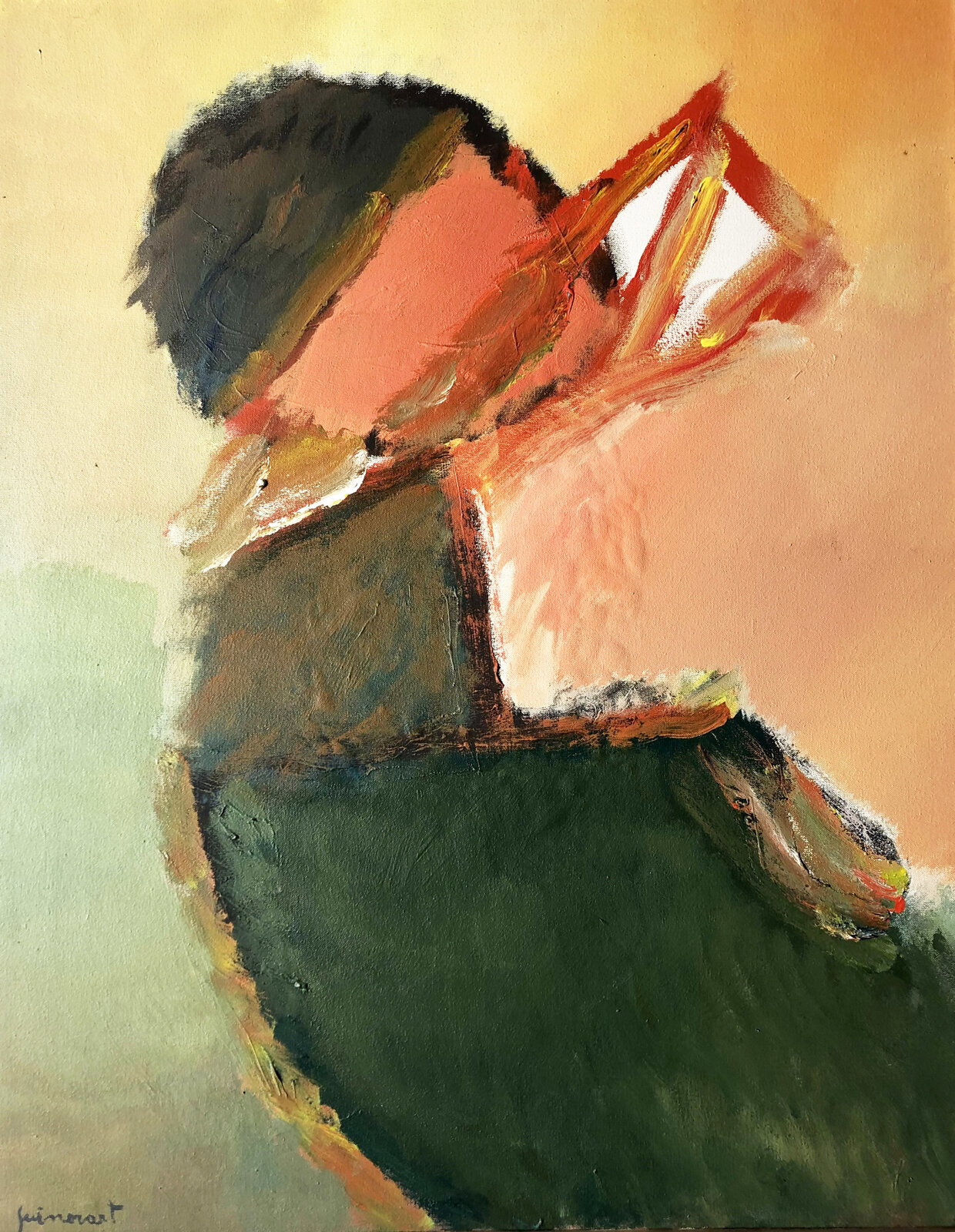 An expressive portrait of a person in profile, rendered with bold brushstrokes and warm tones.