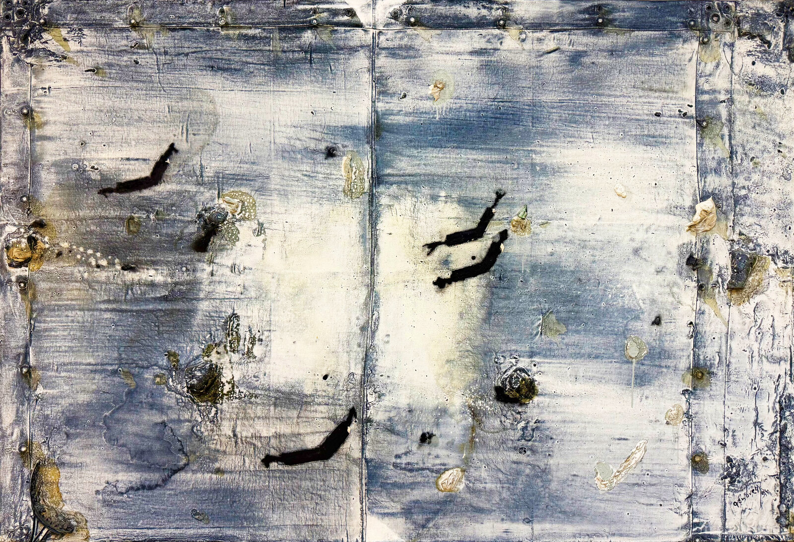 An abstract composition of a weathered metal surface with rivets, black markings, and textured paint.