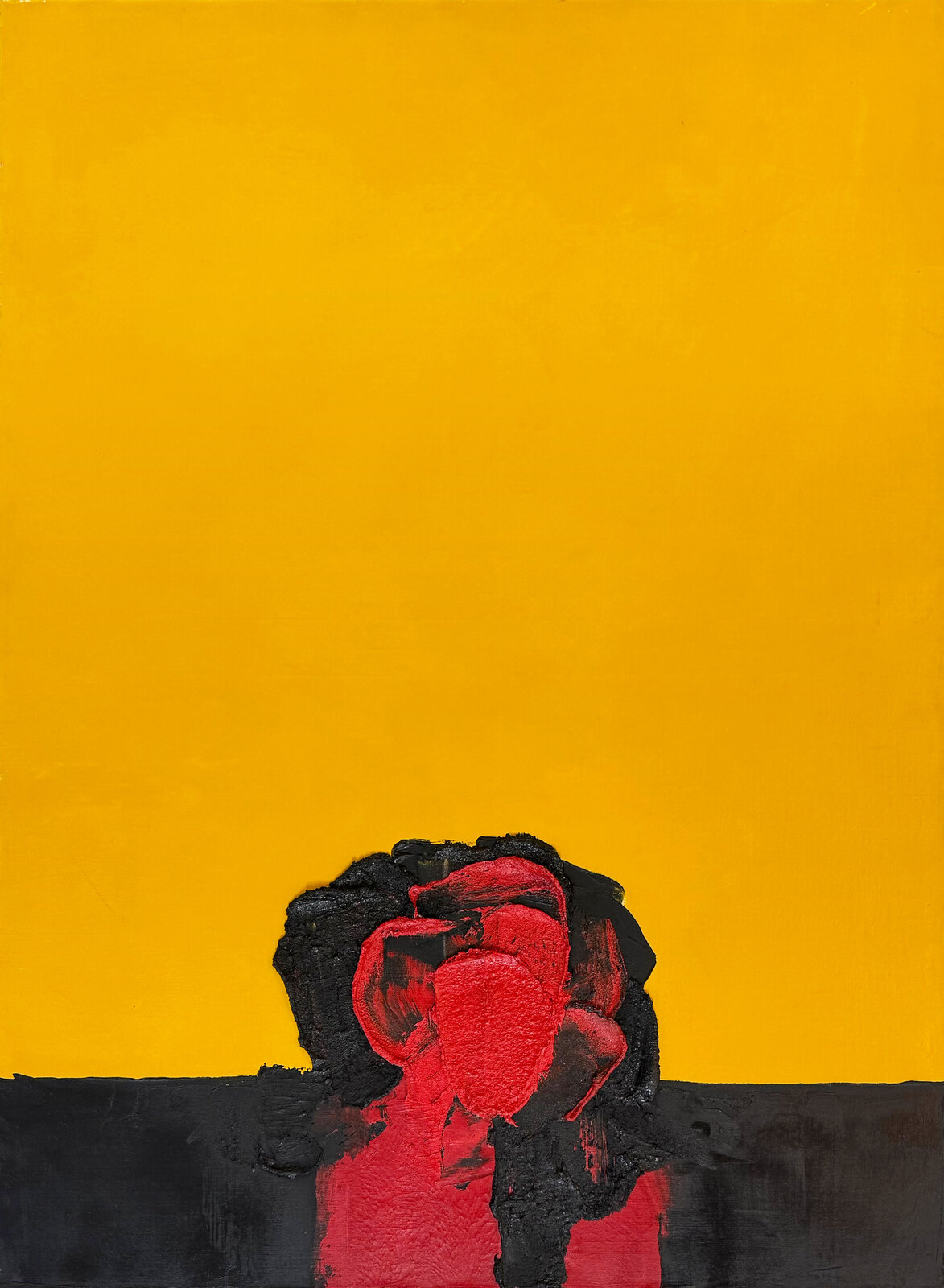 A bold, abstract composition featuring a textured red and black form against a vibrant yellow background.