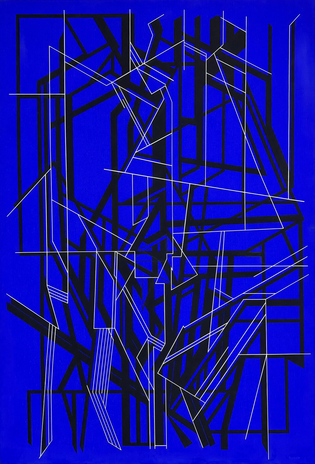 A vibrant abstract composition featuring a complex network of black and white geometric lines against a deep blue background.