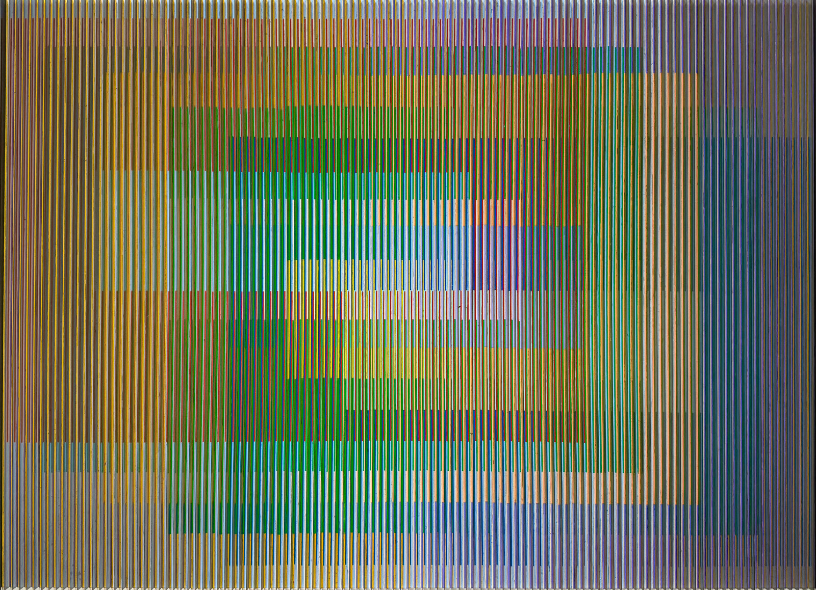 A colorful abstract composition of vertical lines forming a central rectangular shape.