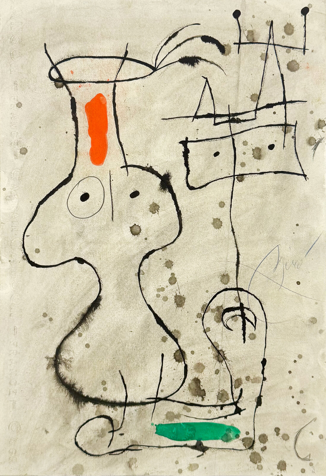 An abstract ink drawing on textured paper featuring a large face-like figure, geometric shapes, and splattered inks.