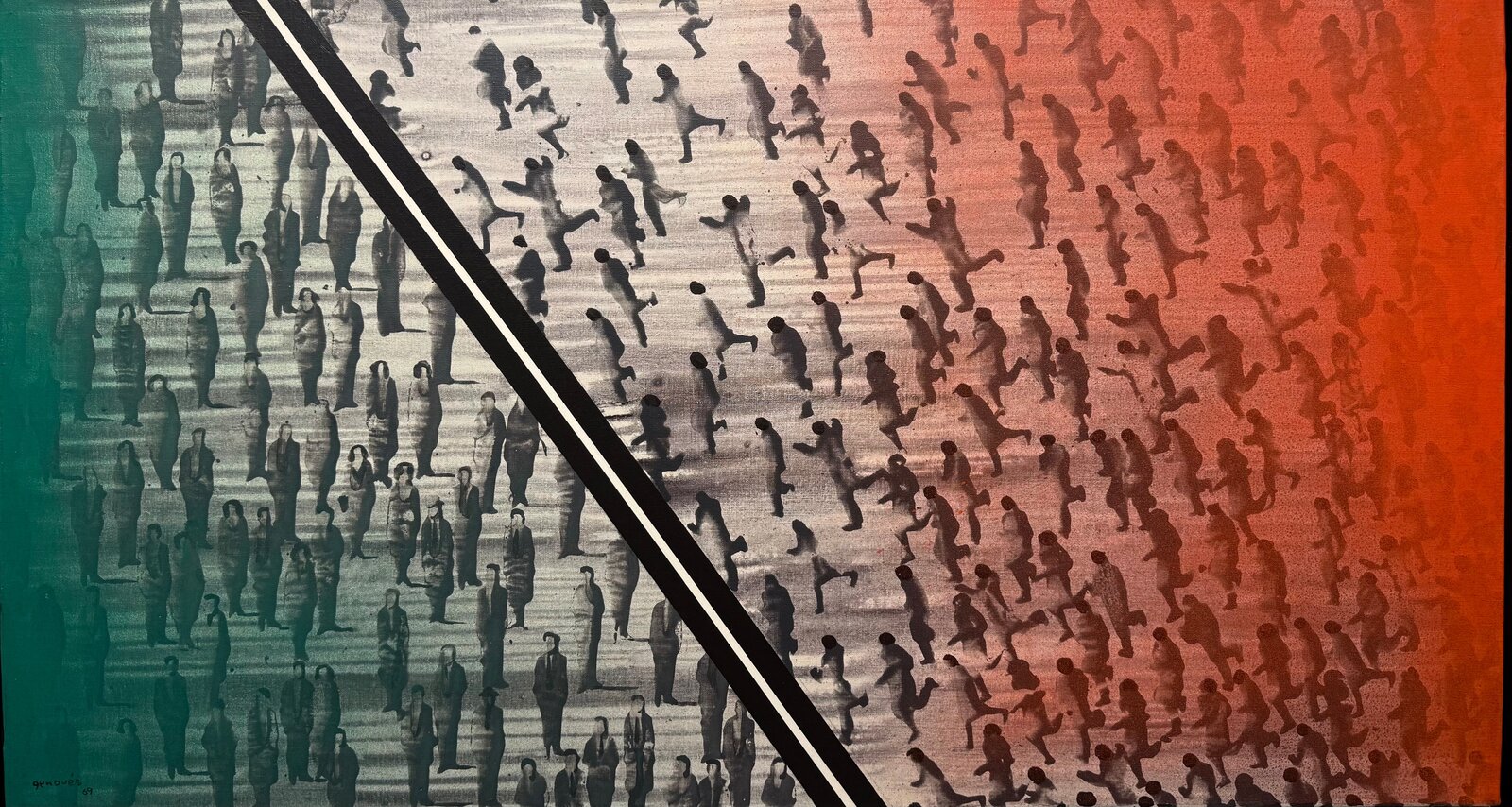 A stark diagonal split between a static crowd and a chaotic mass of running figures.